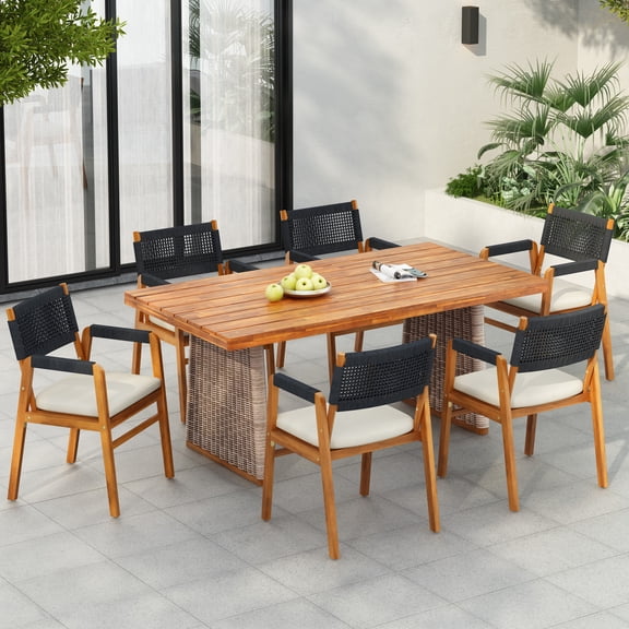 Christopher Knight Home 7-Piece Outdoor Dining Set, Acacia Wood Table and 6 Rope-Woven Chairs, Black+Brown