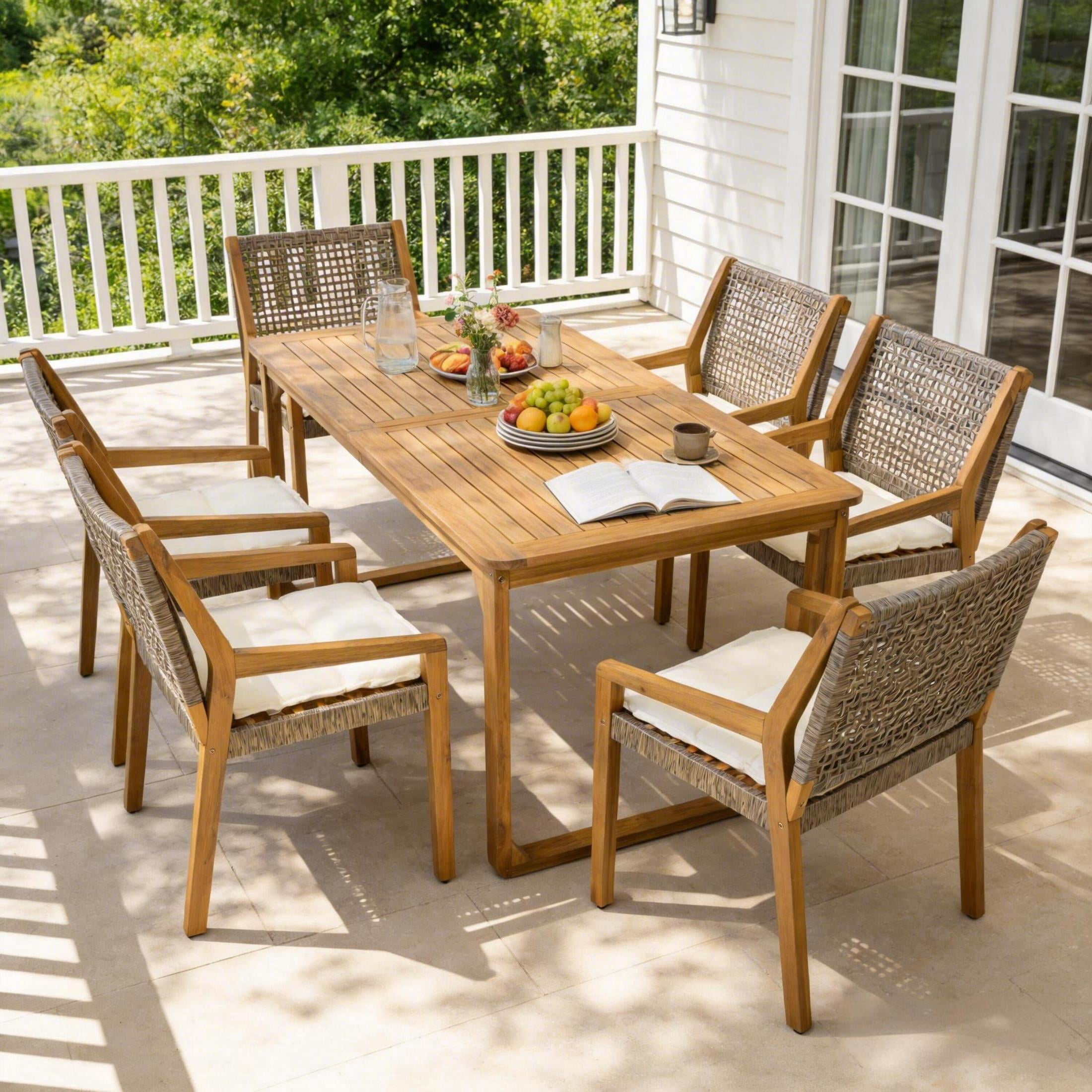 Christopher Knight Home 7-Piece Outdoor Dining Set, Curved Leg Table and Wicker Chairs with Beige Cushions