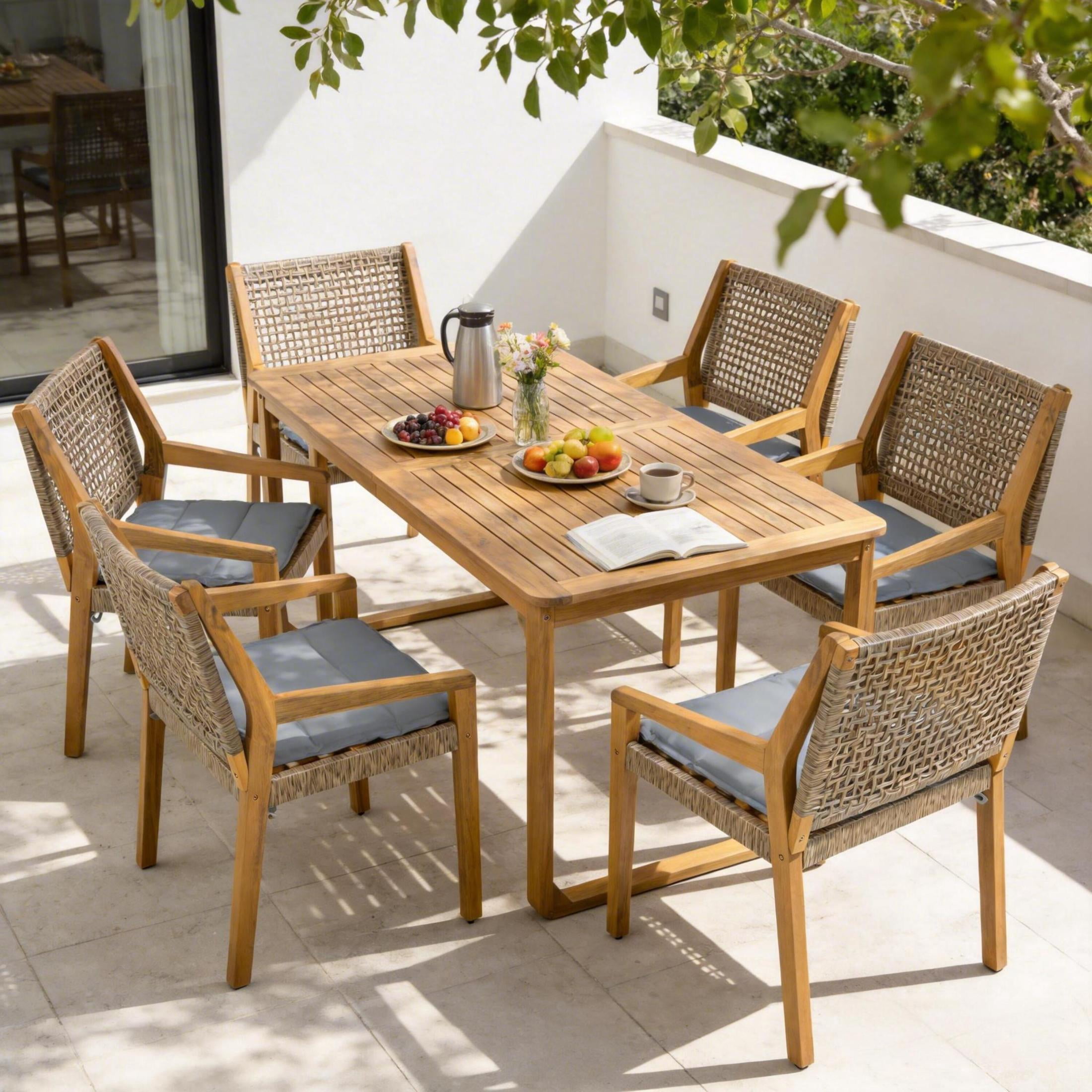 Christopher Knight Home 7-Piece Outdoor Dining Set, Curved Leg Table and Wicker Chairs with Gray Cushions