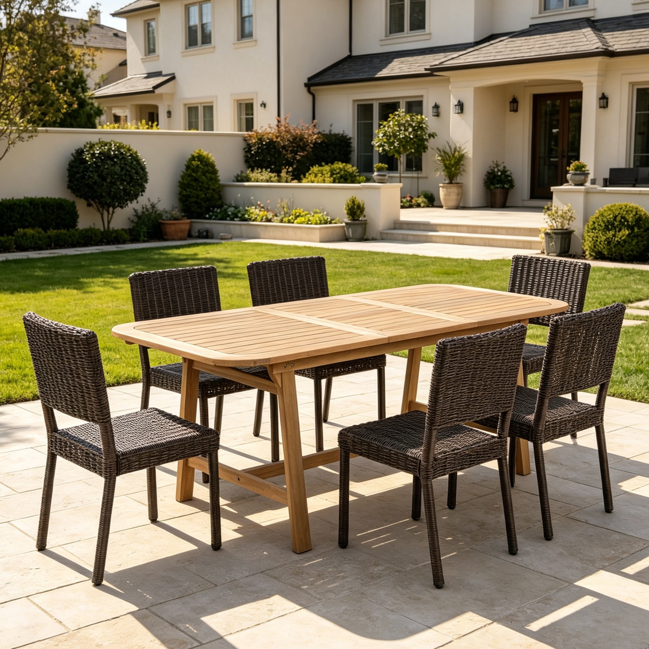 Christopher Knight Home 7-Piece Outdoor Dining Set, Extendable Acacia Table with Wicker Chairs, Teak+Brown