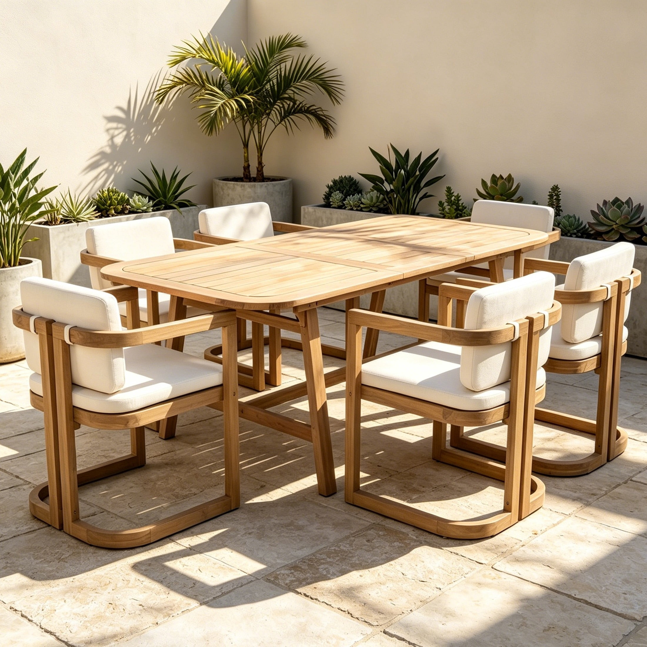 Christopher Knight Home 7-Piece Outdoor Dining Set, Extendable Table with Patio Chairs, Light Teak+Beige
