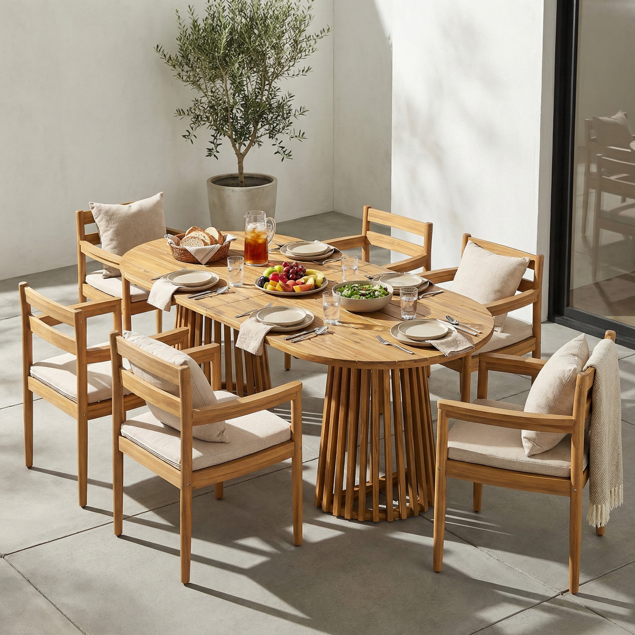 Christopher Knight Home 7-Piece Outdoor Dining Set, Oval Table with Armchairs and Cushion, Teak+Beige