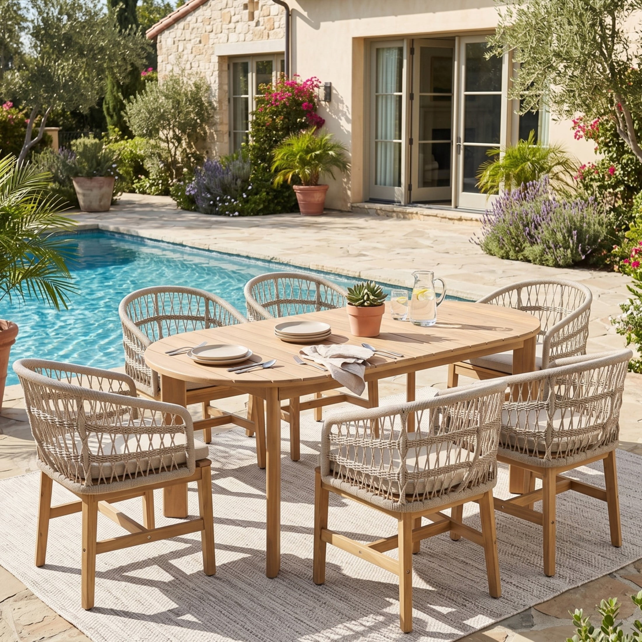 Christopher Knight Home 7-Piece Outdoor Dining Set, Oval Wood Table with Rope Chairs and Cushions, Teak+Beige