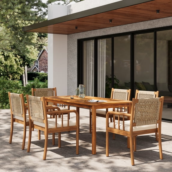 Christopher Knight Home 7-Piece Outdoor Dining Set, Rattan Chairs with Cream Cushions and Teak Table