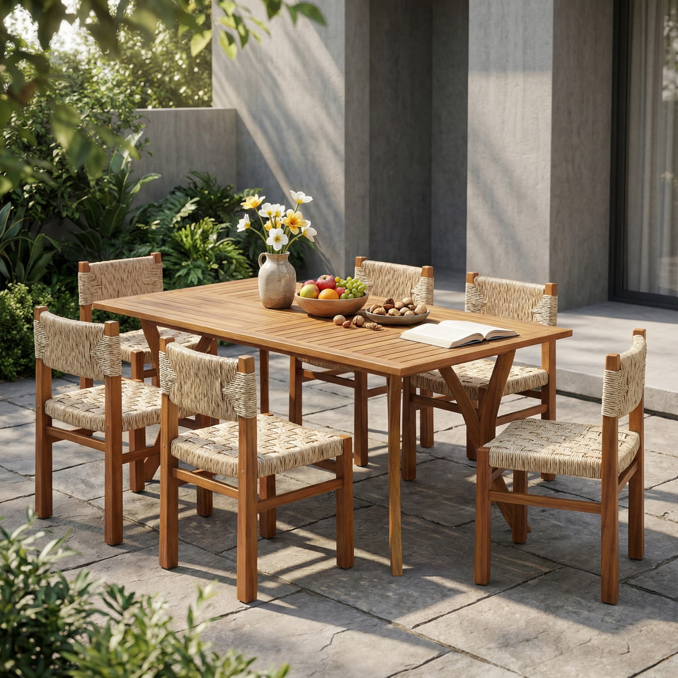 Christopher Knight Home 7-Piece Outdoor Dining Set, Teak Acacia Wood Table and Light Gray Wicker Chairs