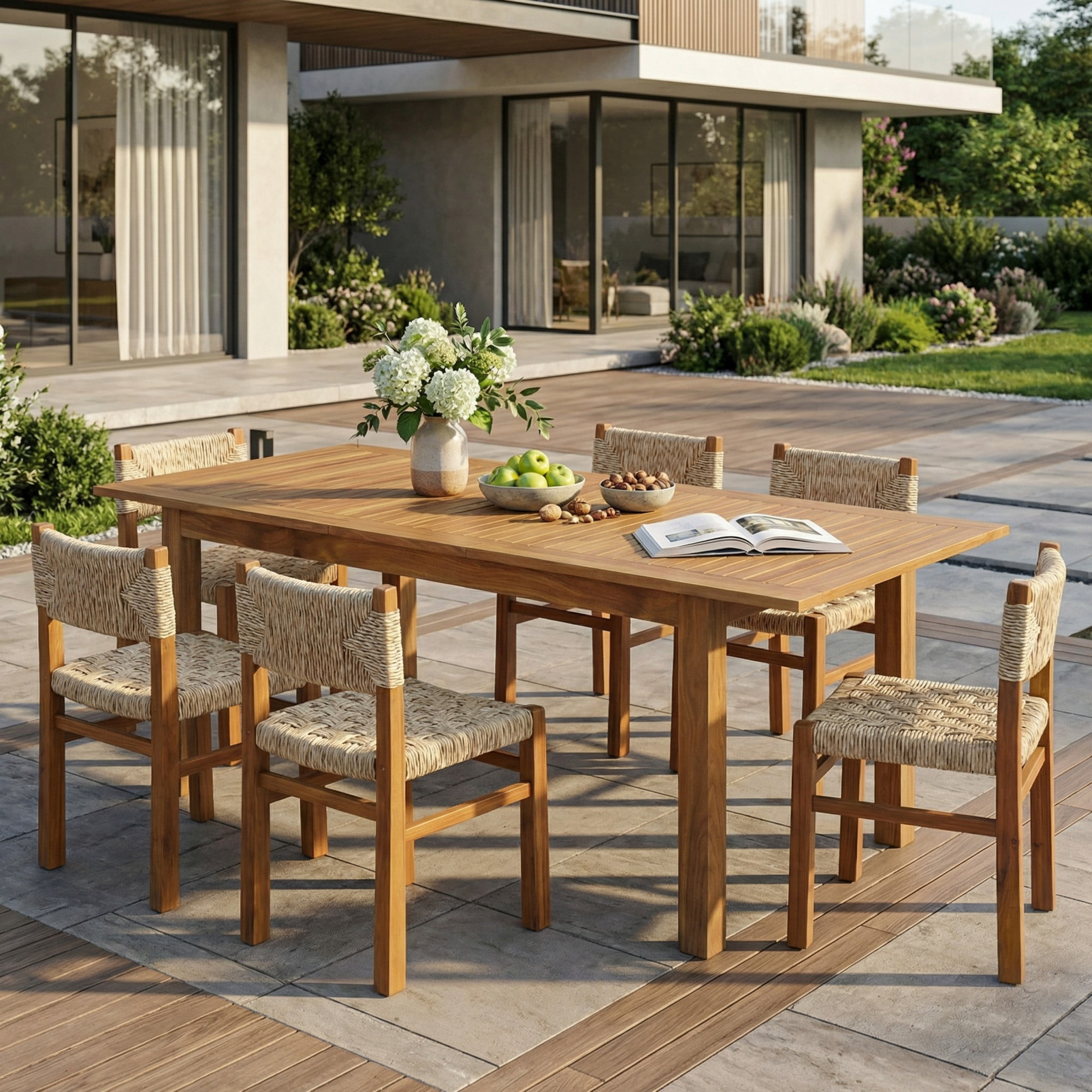 Christopher Knight Home 7-Piece Outdoor Dining Set, Teak Expandable Table and Light Gray Wicker Chairs
