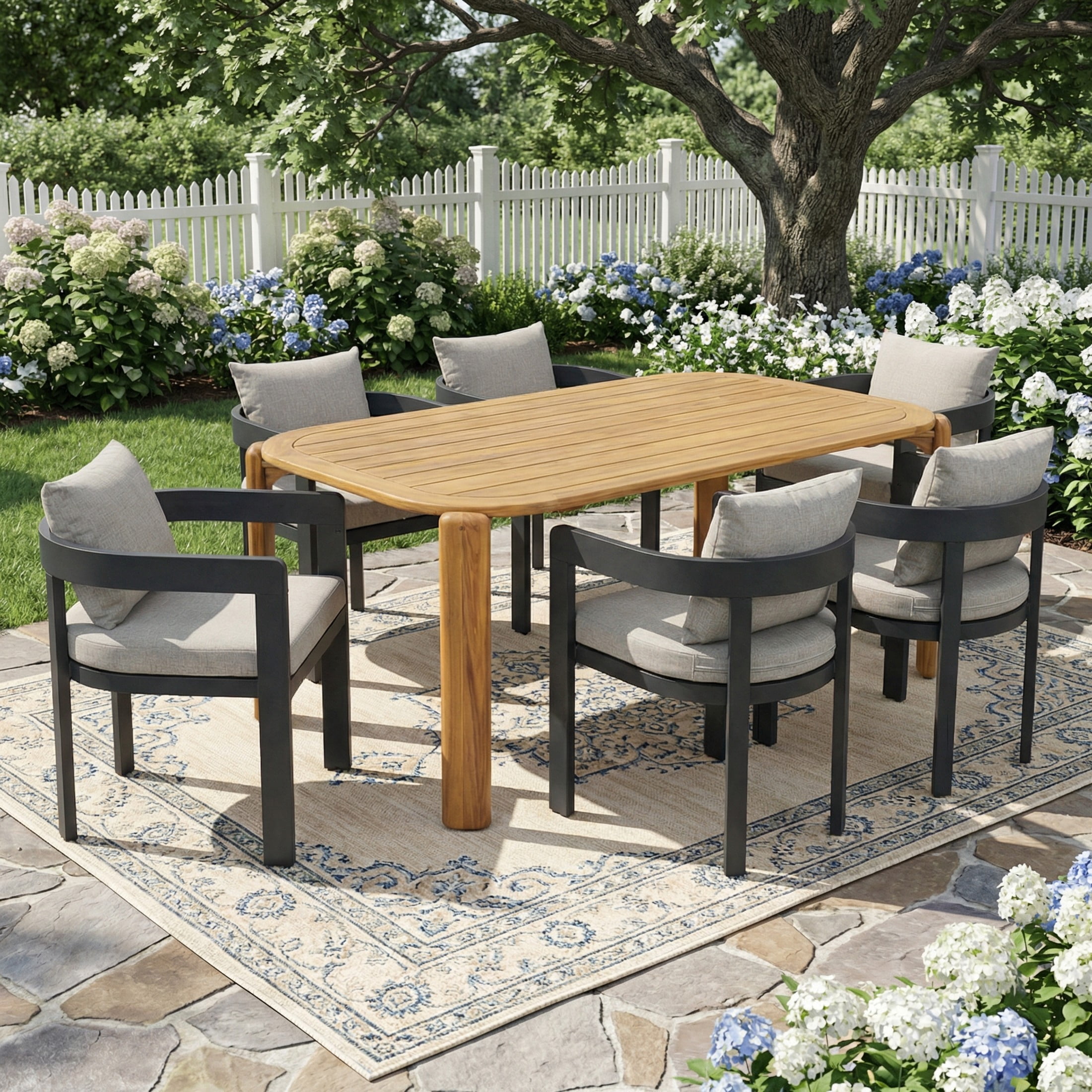 Christopher Knight Home 7-Piece Outdoor Dining Set, Wood Oval Table with Aluminum Chairs, Beige Cushion