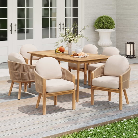 Christopher Knight Home 7-Piece Outdoor Dining Set, Wood Table & Rope Woven Armchairs with Beige Cushions