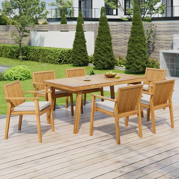 Christopher Knight Home 7-Piece Outdoor Dining Set, Wood Table and 6 Chairs with Cushions, Natural