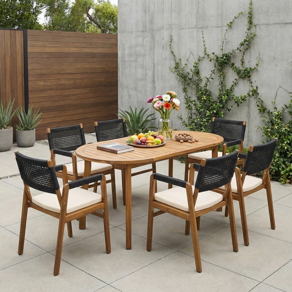 Christopher Knight Home 7-Piece Outdoor Dining Set with Oval Table & Rope Armchairs, Teak+Black