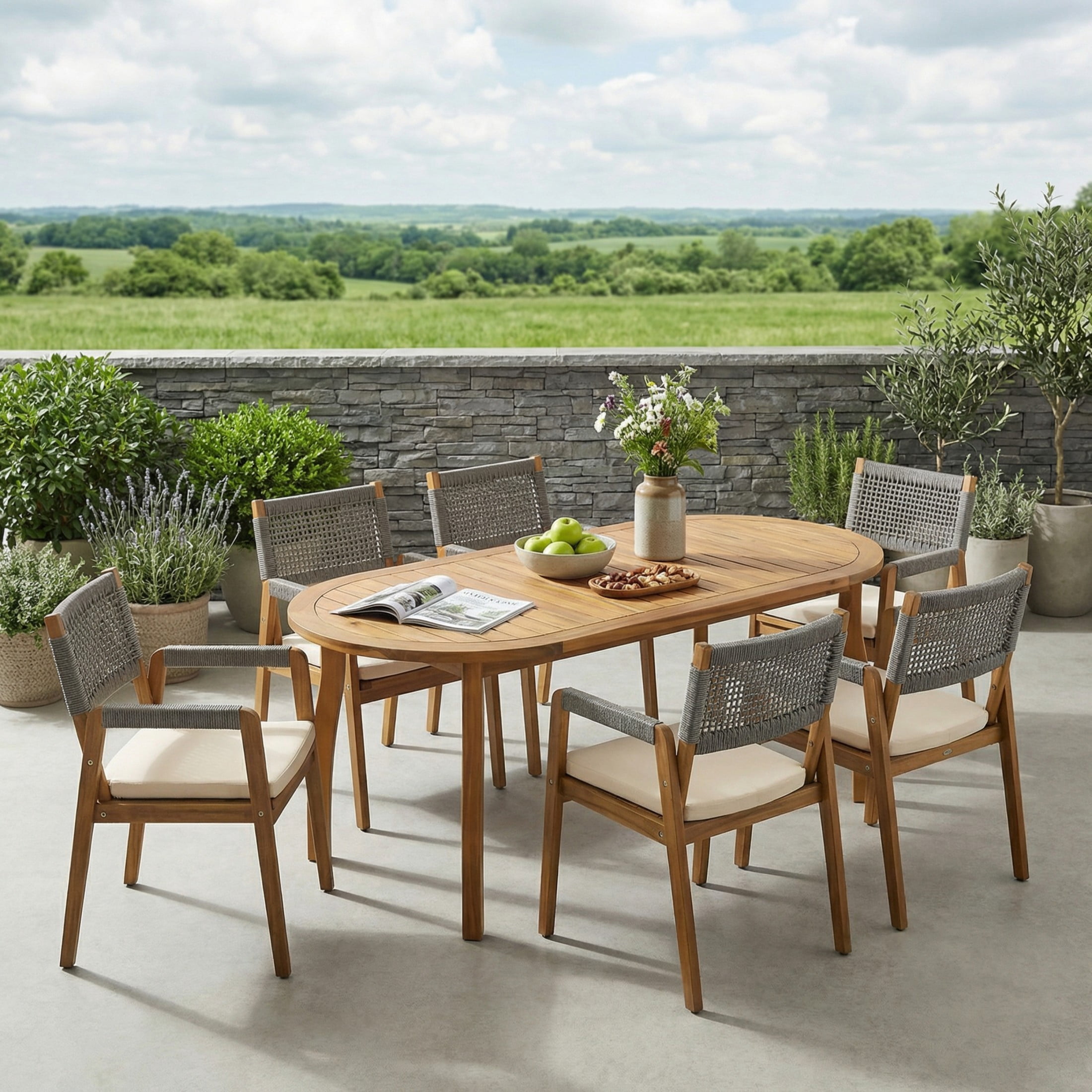 Christopher Knight Home 7-Piece Outdoor Dining Set with Oval Table & Rope Armchairs, Teak+Gray
