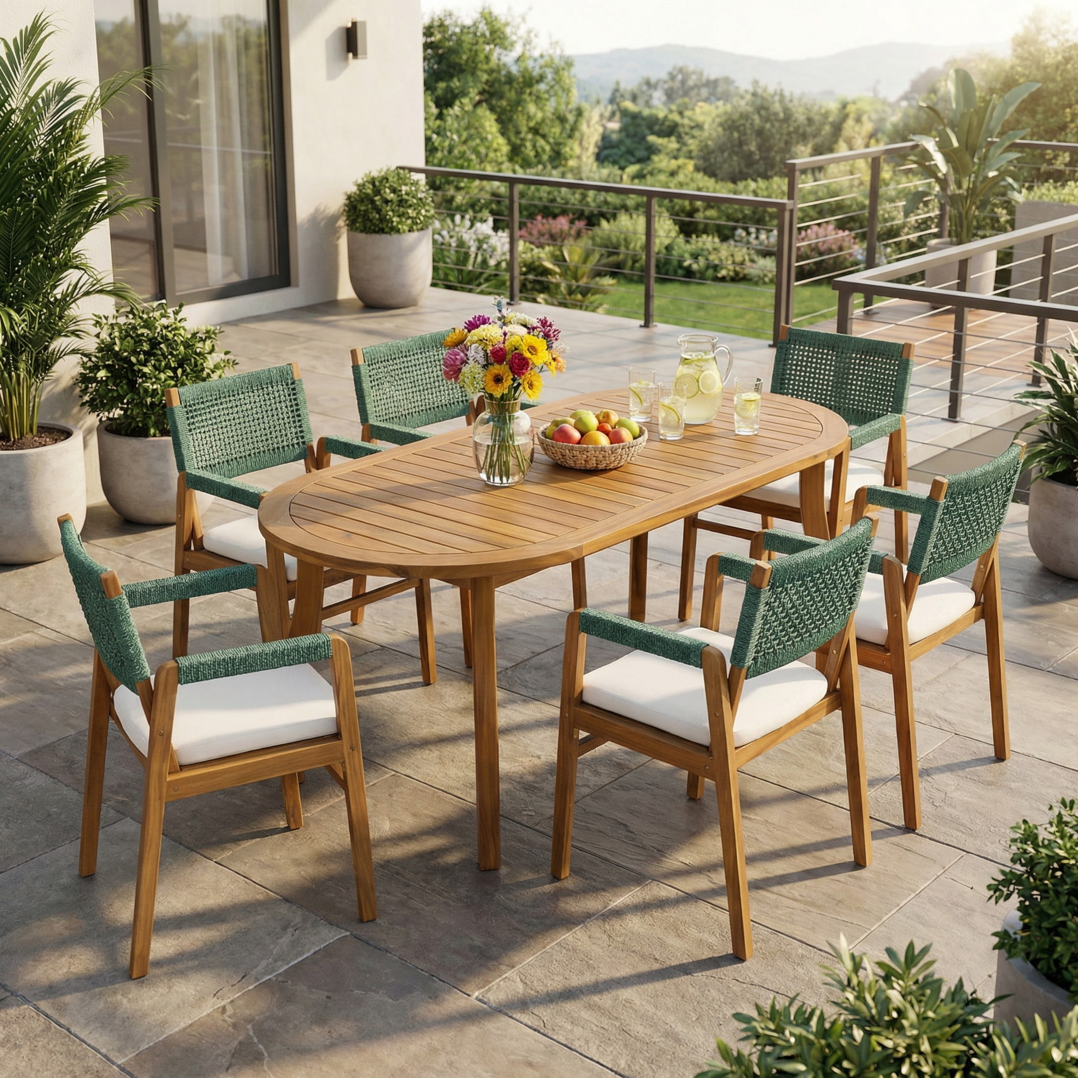 Christopher Knight Home 7-Piece Outdoor Dining Set with Oval Table & Rope Armchairs, Teak+Green