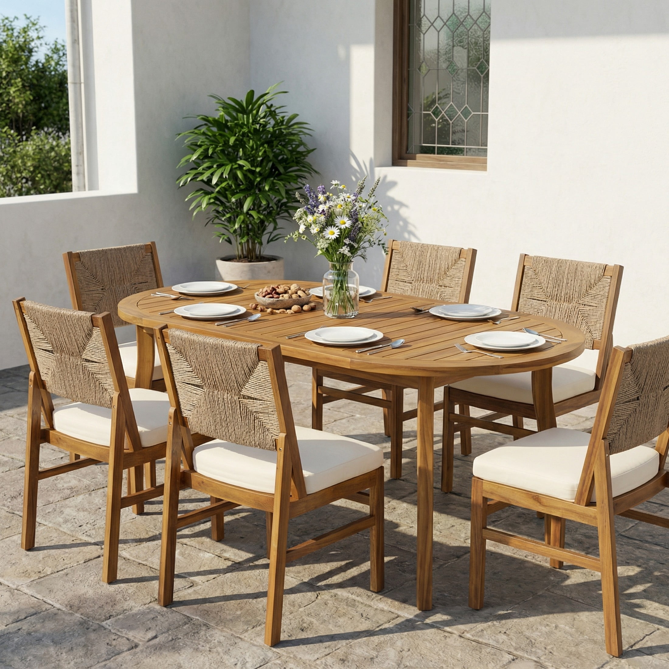 Christopher Knight Home 7-Piece Outdoor Dining Set with Oval Table and Wicker Chairs, Cream Cushions