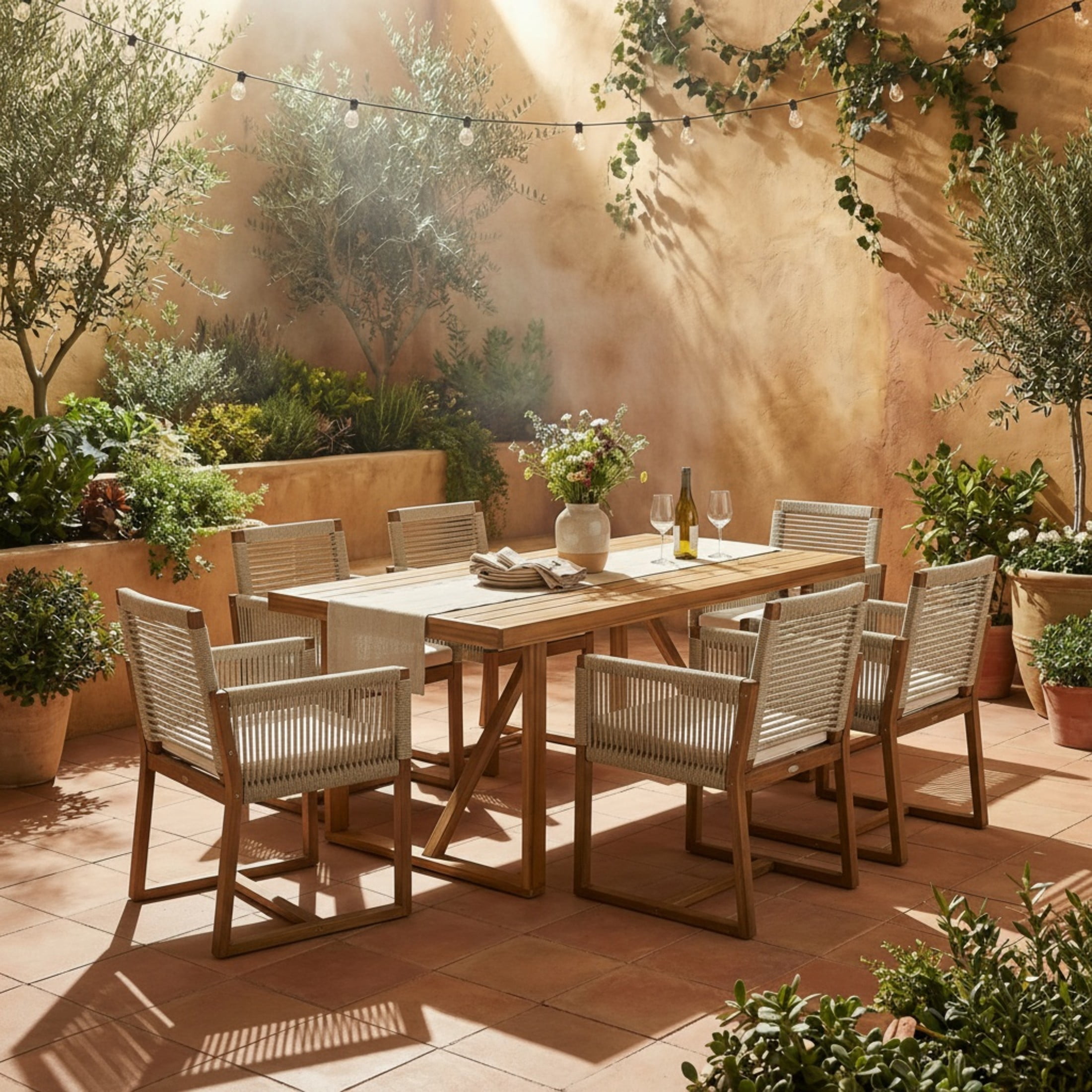 Christopher Knight Home 7-Piece Outdoor Dining Set with Rope Accents and Cushions, Teak+Light Brown