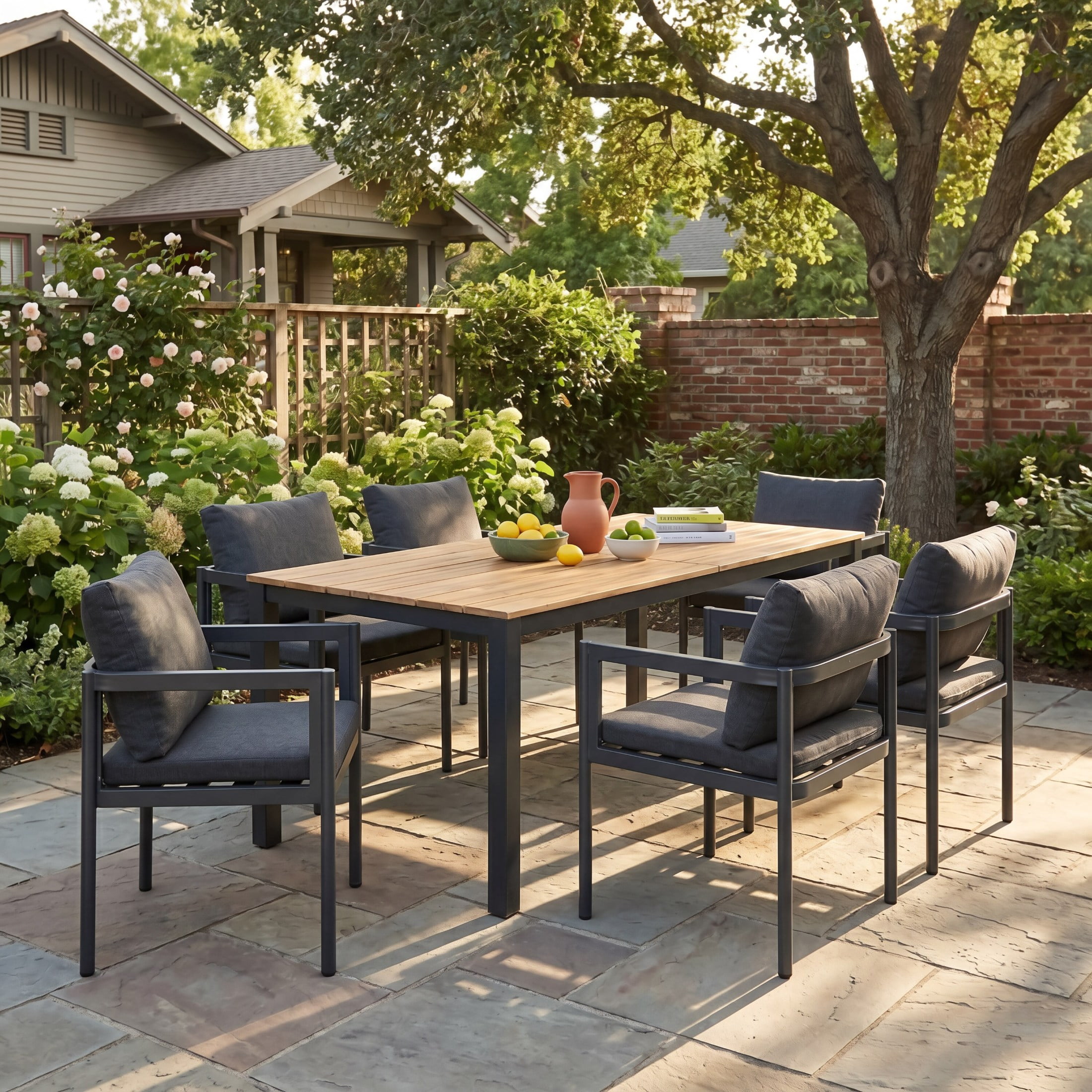 Christopher Knight Home 7-Piece Outdoor Dining Set with Table and Aluminum Chairs, Teak+Gray