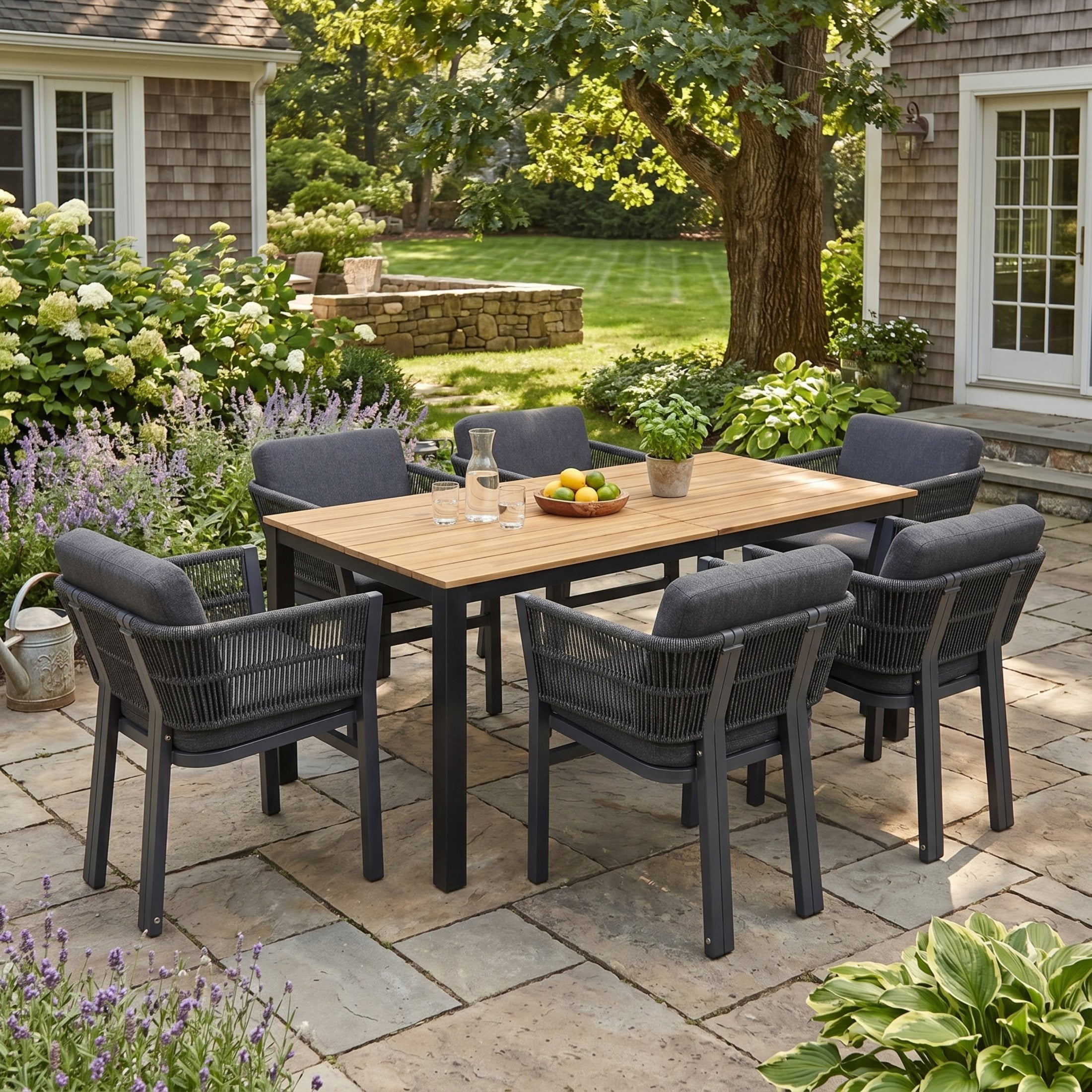 Christopher Knight Home 7-Piece Outdoor Dining Set with Table and Aluminum Rope Chairs, Teak+Gray