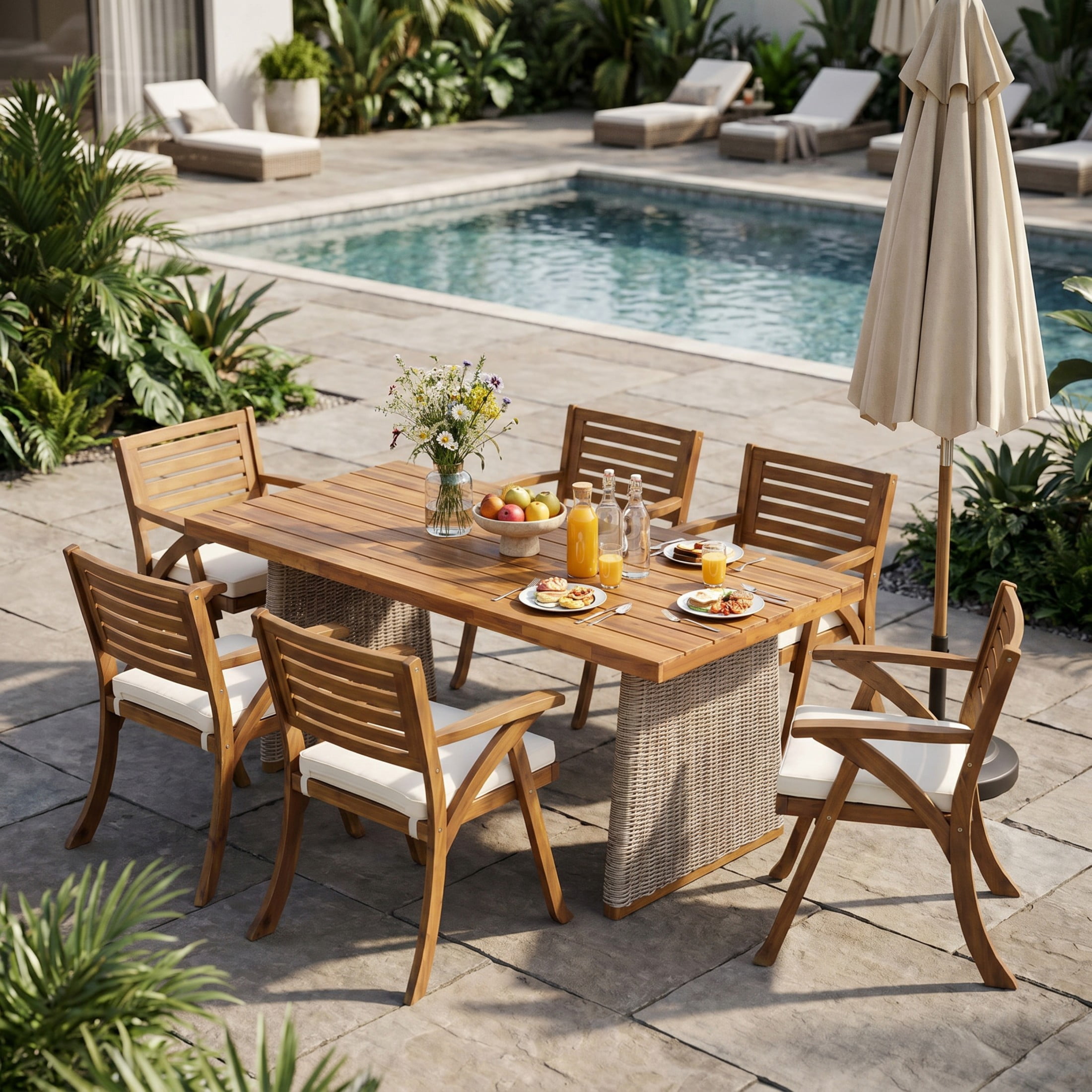 Christopher Knight Home 7-Piece Outdoor Dining Table with 6 Dining Chairs, Brown Wicker Legs, Cream Cushions