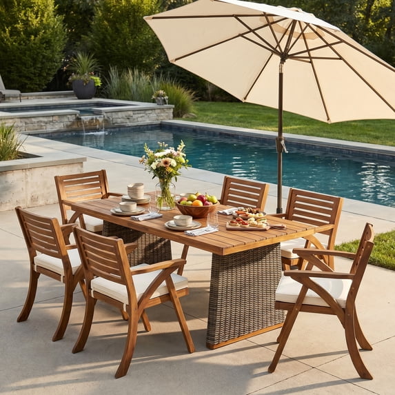 Christopher Knight Home 7-Piece Outdoor Dining Table with 6 Dining Chairs, Gray Wicker Legs, Cream Cushions