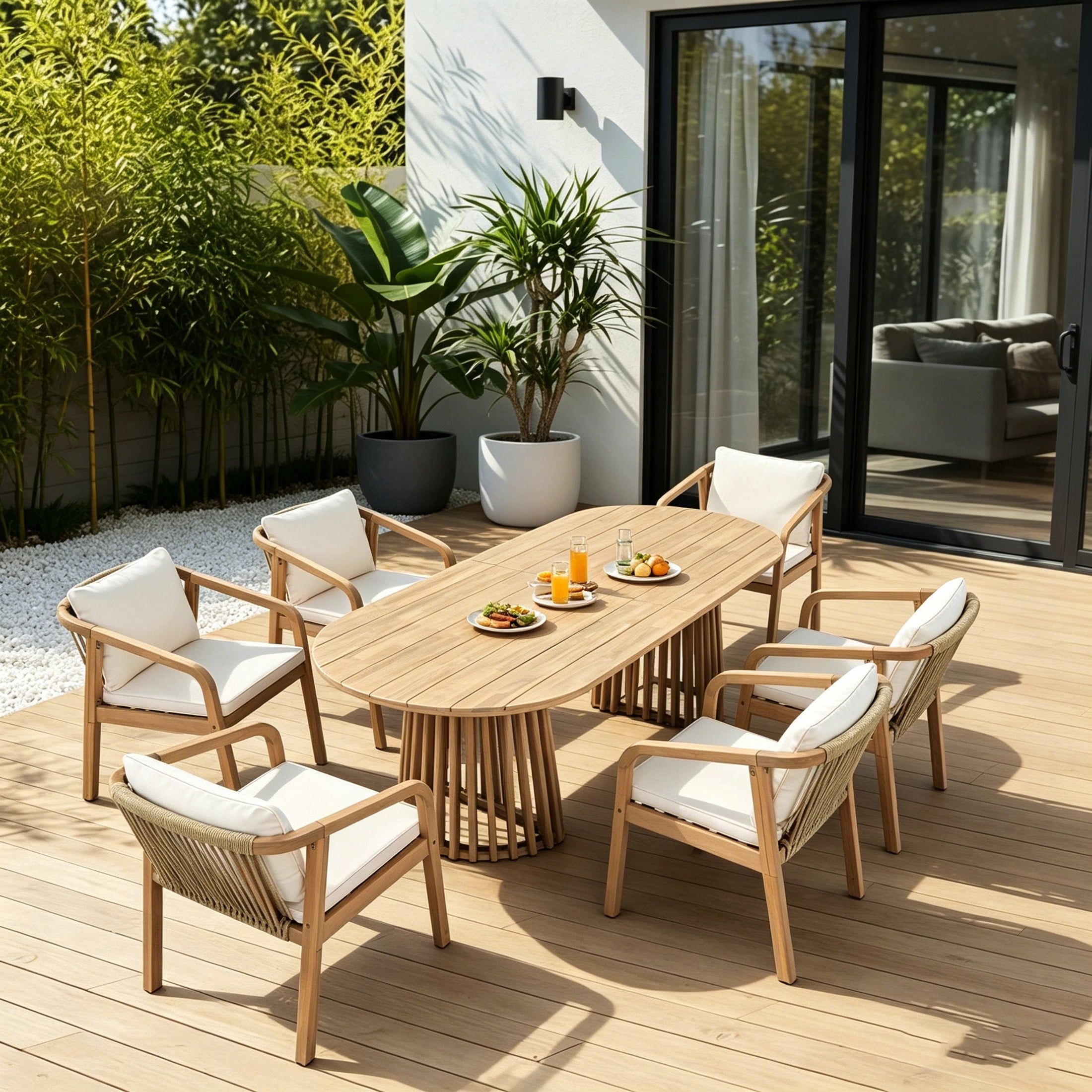 Christopher Knight Home 7-Piece Outdoor Dining Table with Rope Back Chairs and Cushion, Light Teak+Beige