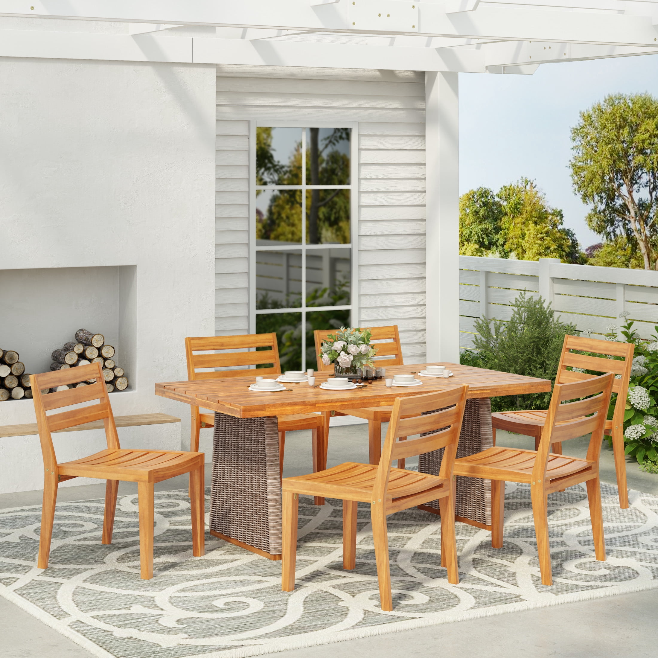 Christopher Knight Home 7-Piece Outdoor Dining Table with Slat Back Chairs, Wood Frame, Brown Wicker Legs