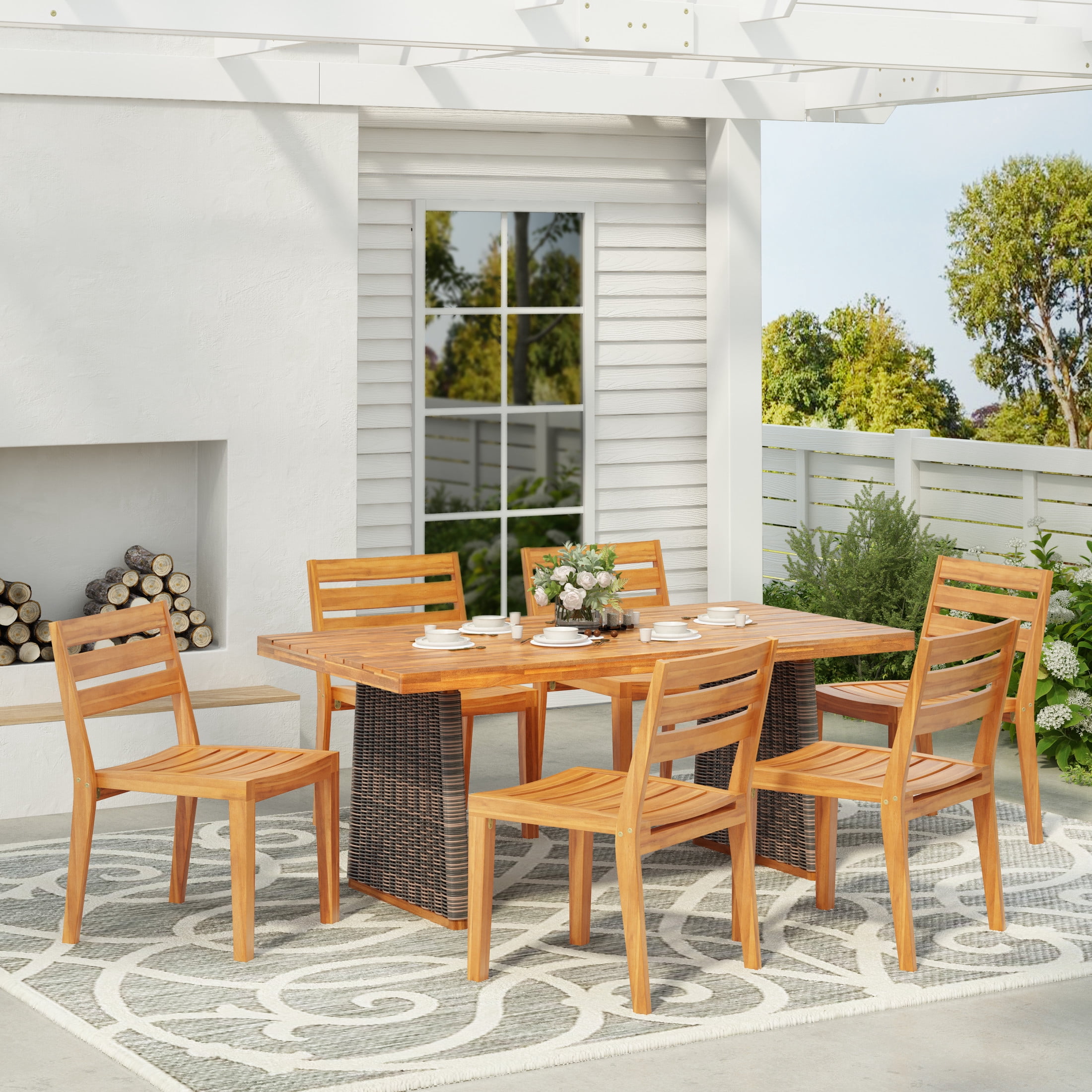 Christopher Knight Home 7-Piece Outdoor Dining Table with Slat Back Chairs, Wood Frame, Gray Wicker Legs