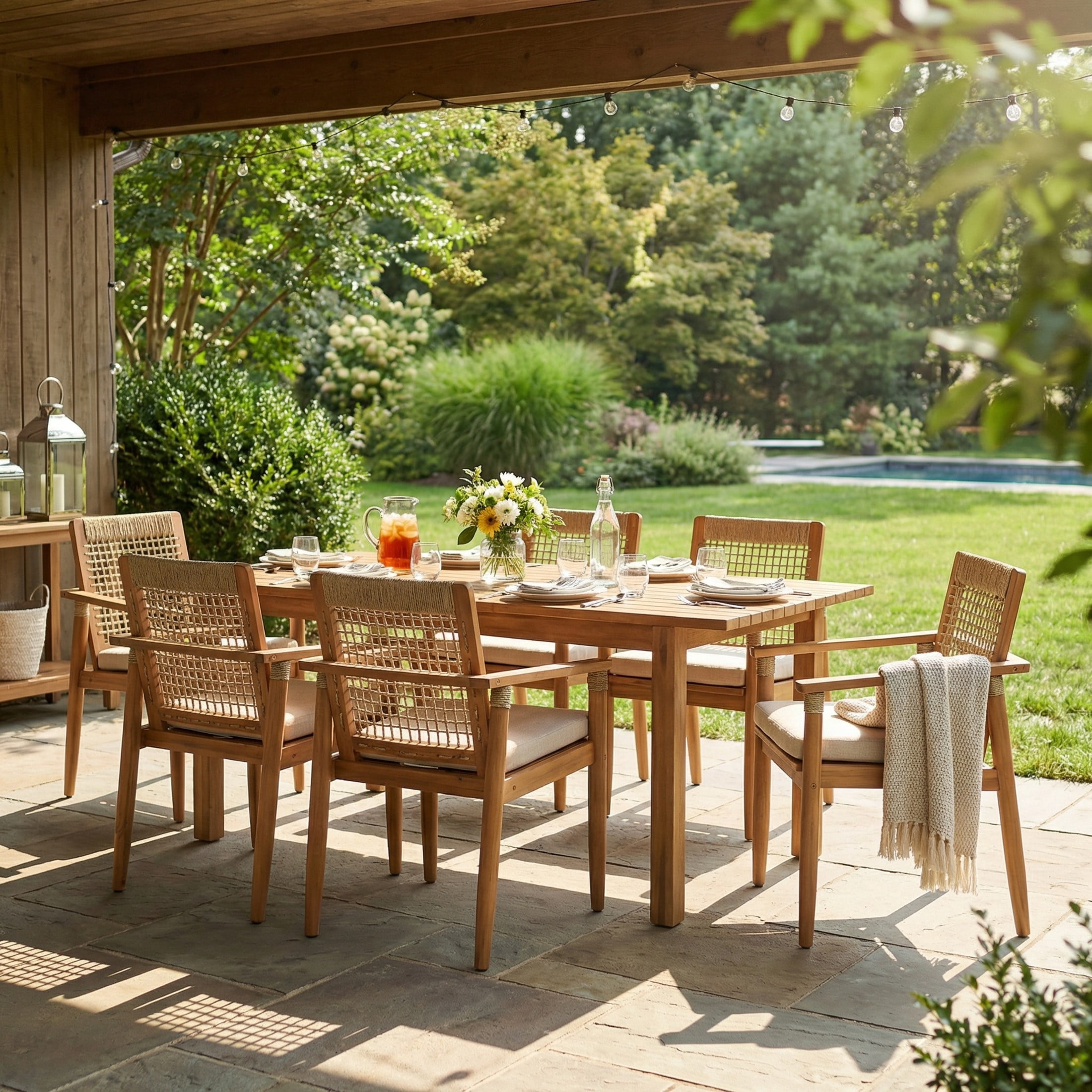Christopher Knight Home 7-Piece Outdoor Expandable Dining Set with Rope Back and Cushions, Teak