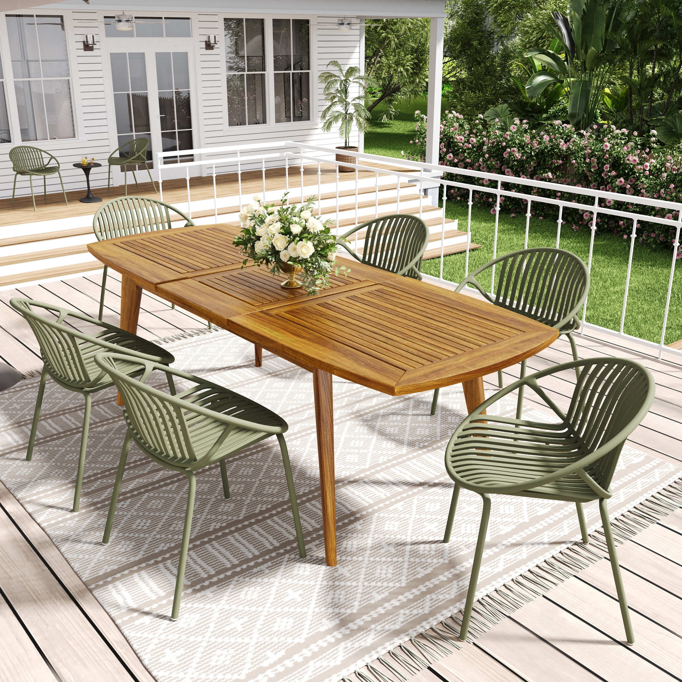 Christopher Knight Home 7-Piece Outdoor Modern Expandable Dining Table with Stackable Chairs Set, Green+Teak