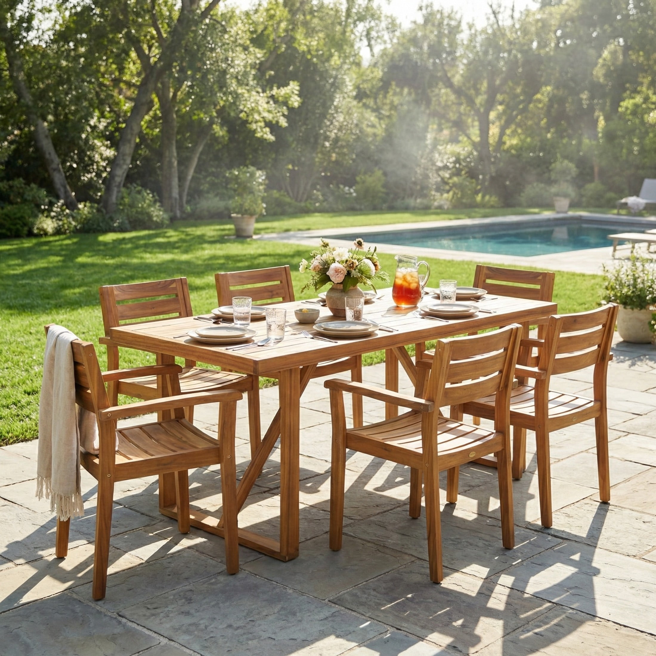 Christopher Knight Home 7-Piece Outdoor Patio Acacia Wood Dining Set for Garden Backyard Deck, Teak