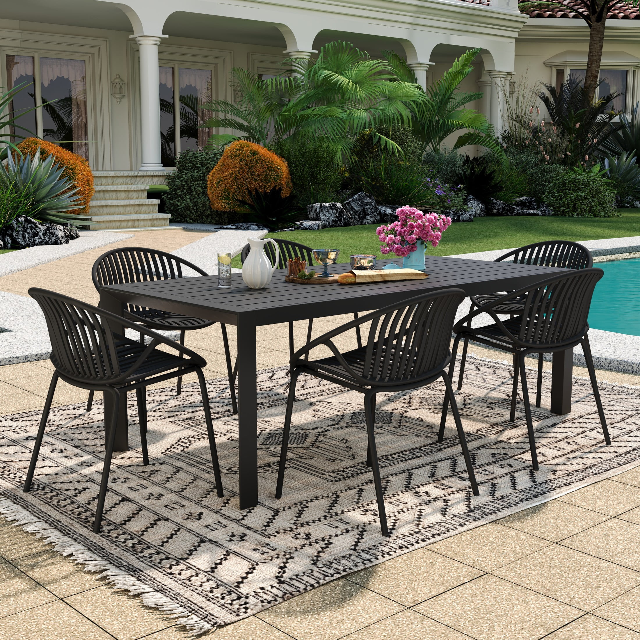 Christopher Knight Home 7-Piece Outdoor Patio Dining Set with 70" Aluminium Table & 6 PP Chairs, Black