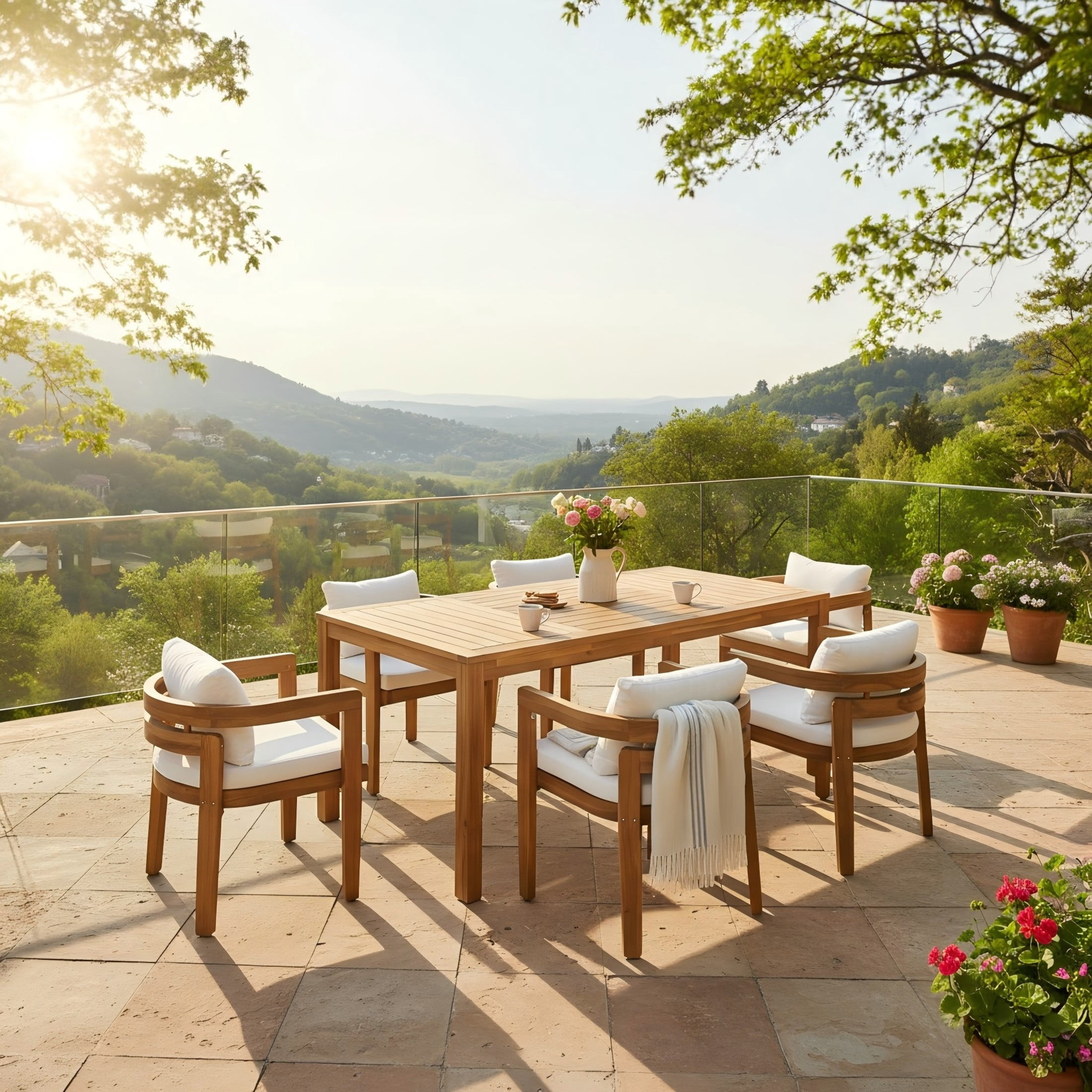 Christopher Knight Home 7-Piece Outdoor Patio Dining Set with Beige Cushions, 6 Seats, Teak Finish