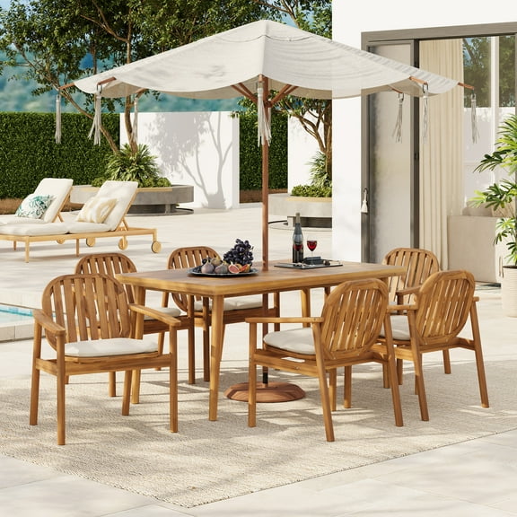Christopher Knight Home 7-Piece Outdoor Patio Dining Table Set with Cushion Dining Chairs, Wood Frame, Teak