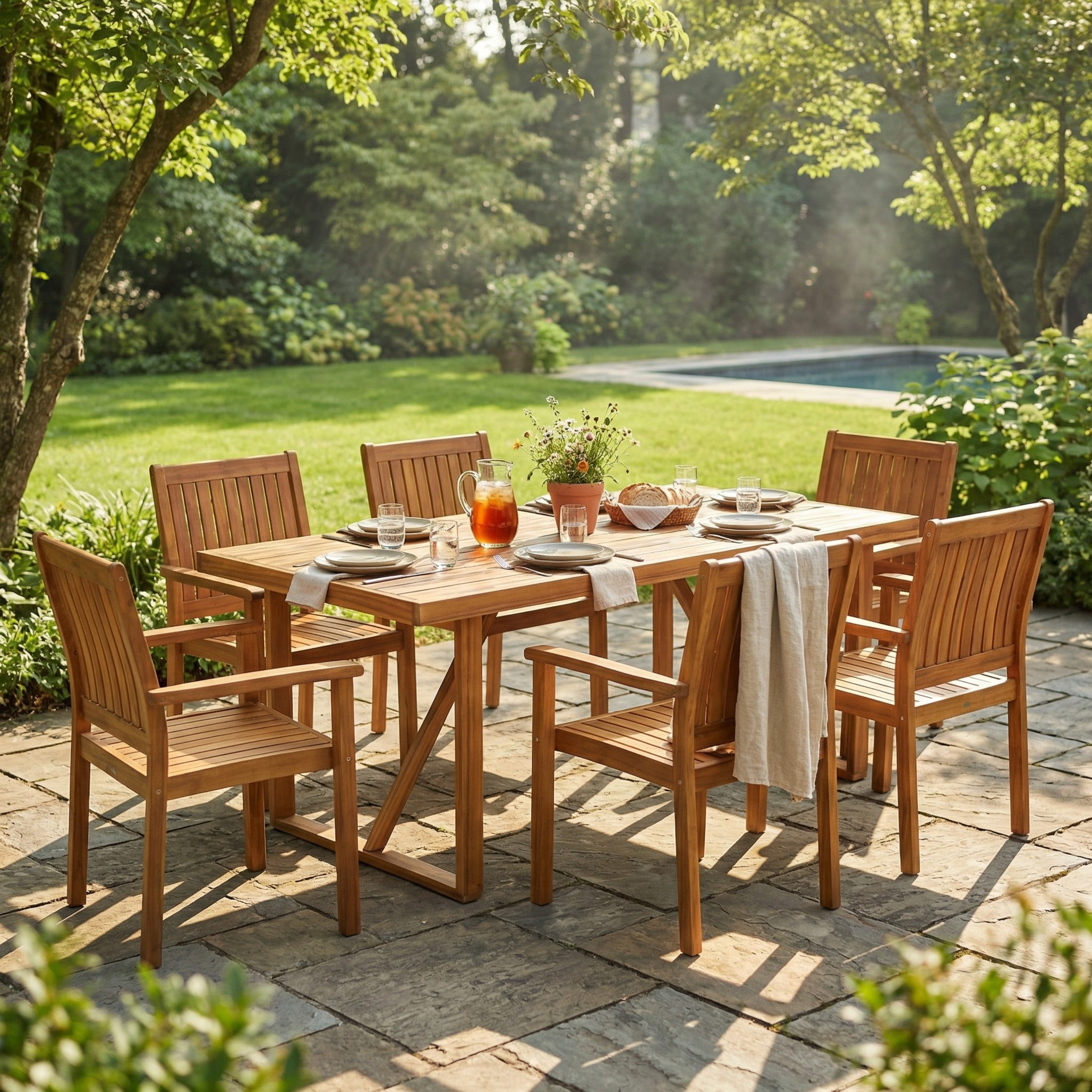 Christopher Knight Home 7-Piece Outdoor Patio Slatted Dining Set for Garden, Acacia Wood Frame, Teak