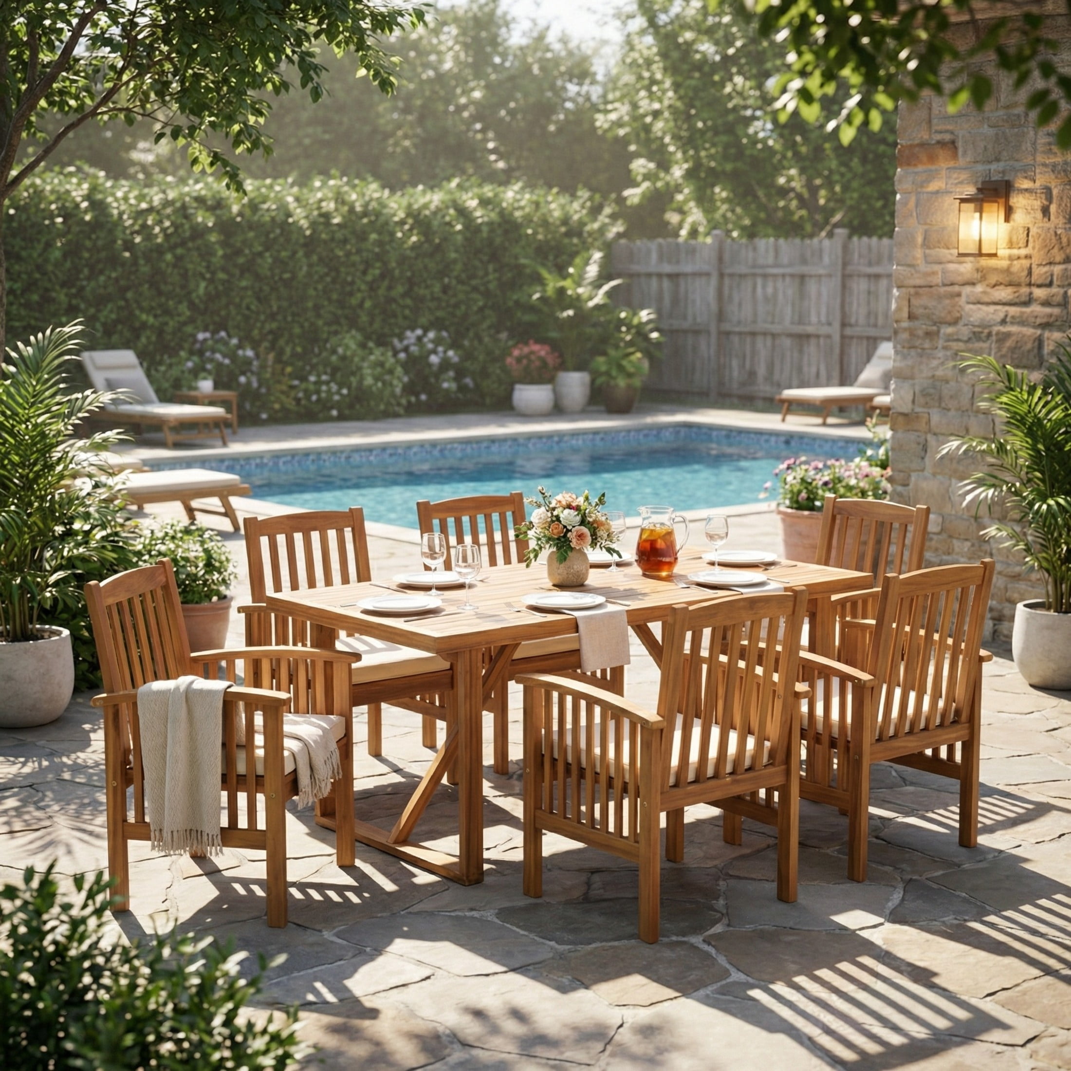 Christopher Knight Home 7-Piece Outdoor Patio Slatted Dining Set with Cream Cushions for Garden, Brown
