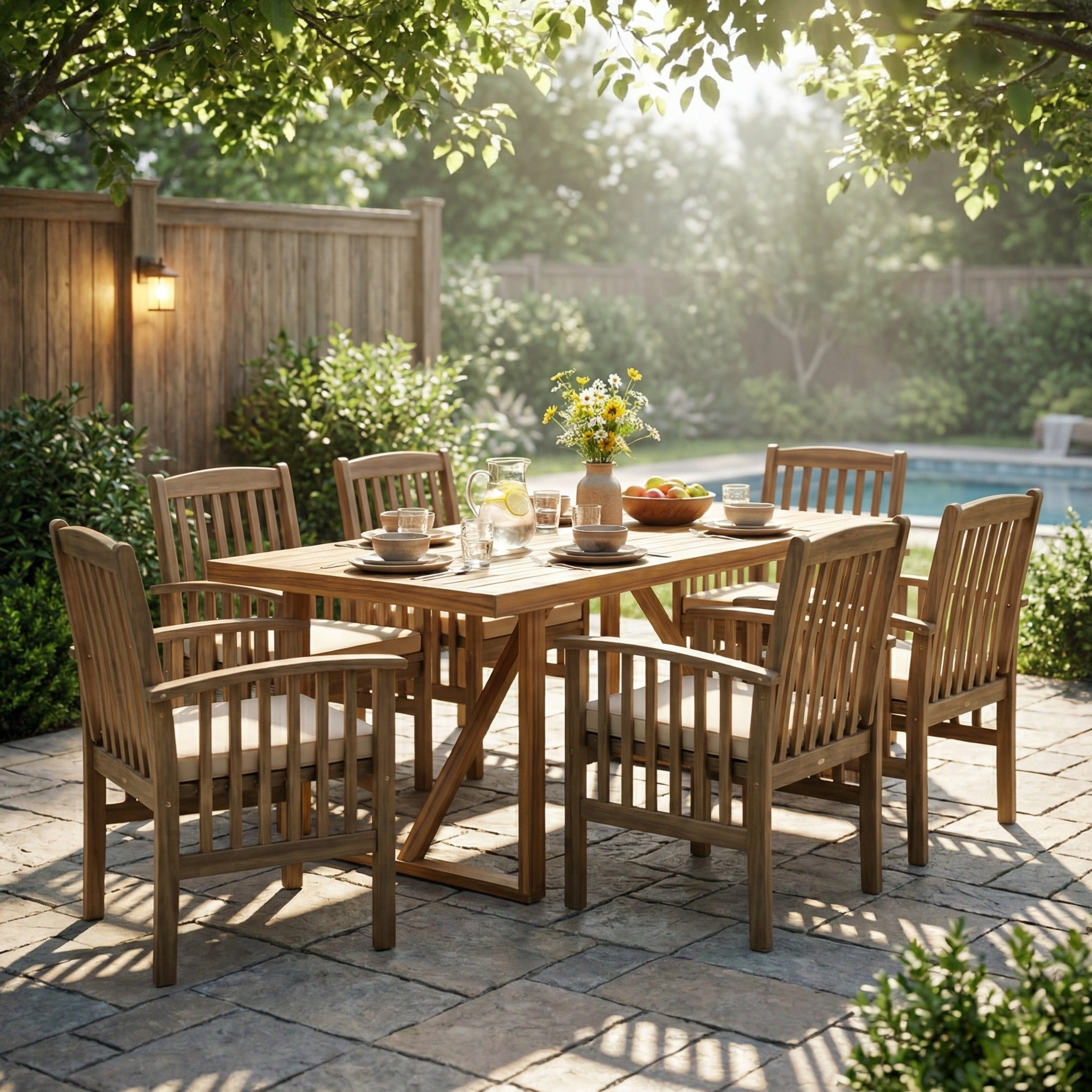 Christopher Knight Home 7-Piece Outdoor Patio Slatted Dining Set with Cream Cushions for Garden, Gray