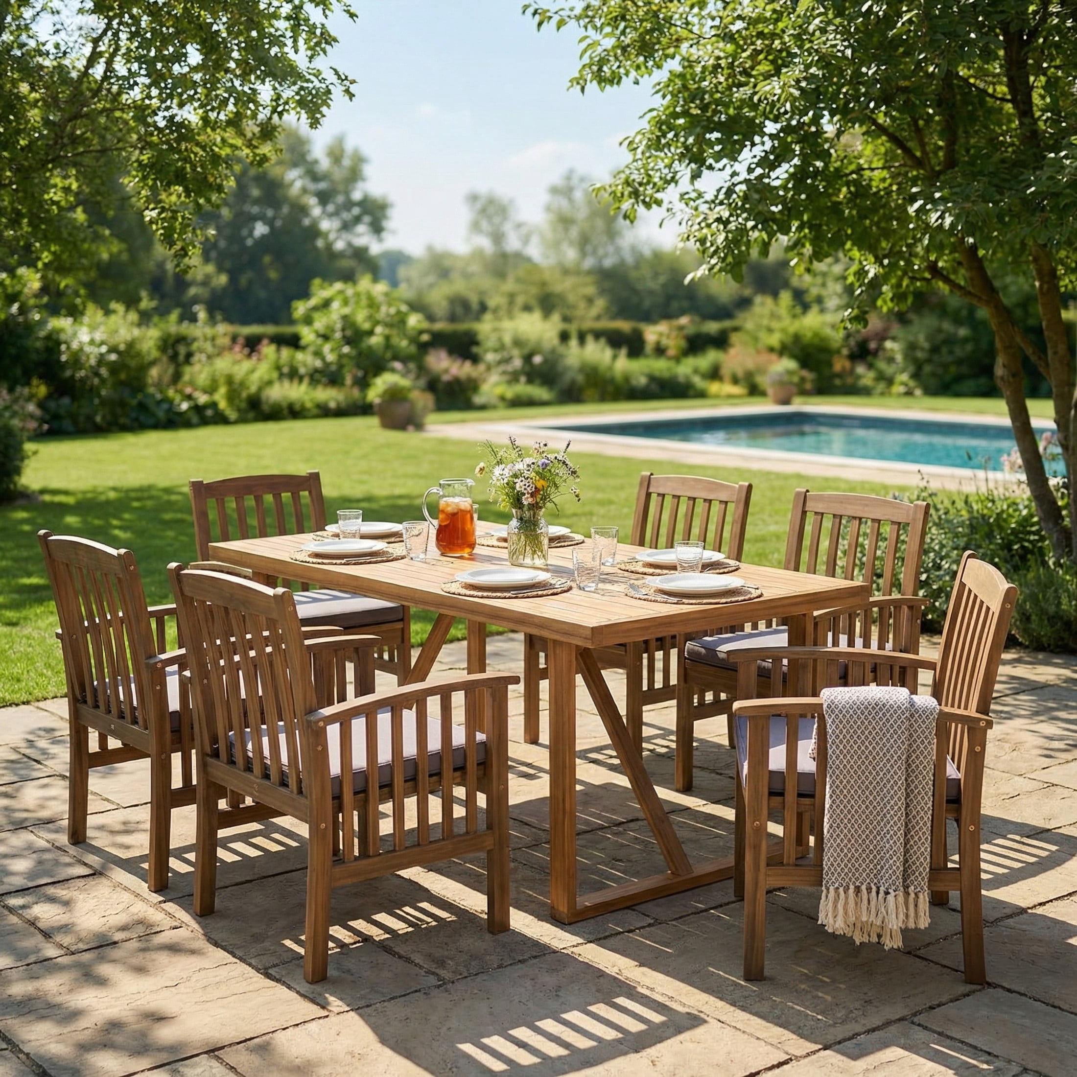 Christopher Knight Home 7-Piece Outdoor Patio Slatted Dining Set with Dark Gray Cushions for Garden, Gray