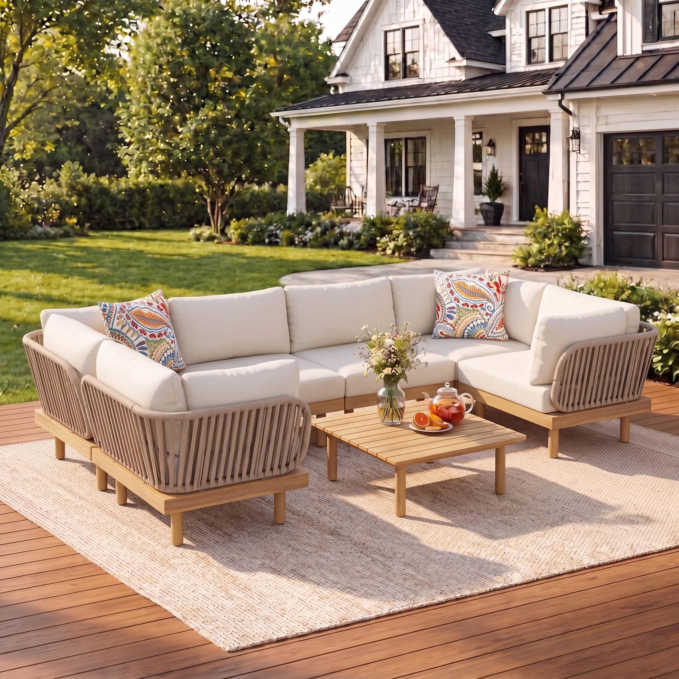 Christopher Knight Home 7-Piece Outdoor Sectional Sofa Set with Rope Back and Cushions, Teak+Beige