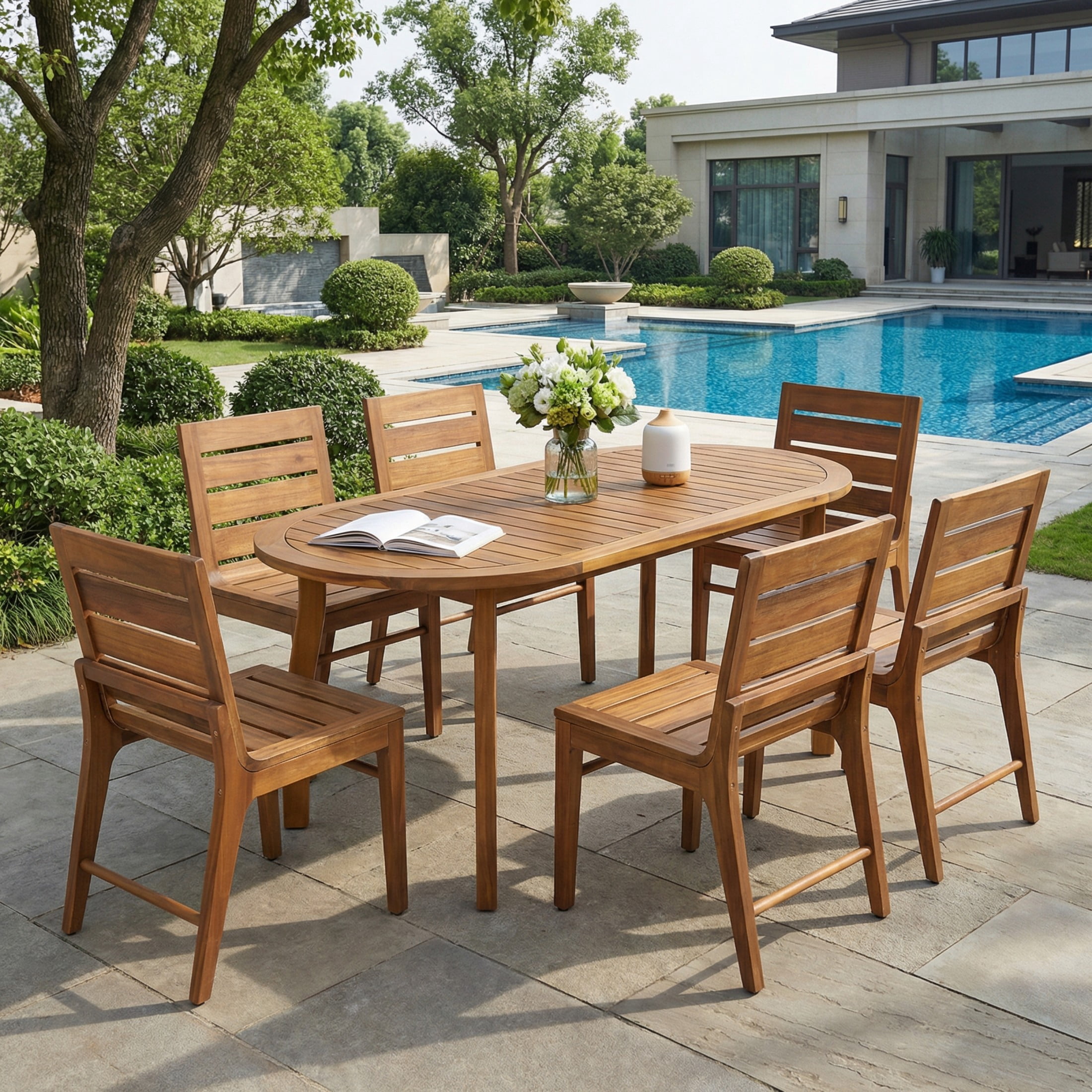 Christopher Knight Home 7-Piece Outdoor Slatted Dining Set, 70" Oval Table and Chairs, Teak Finish
