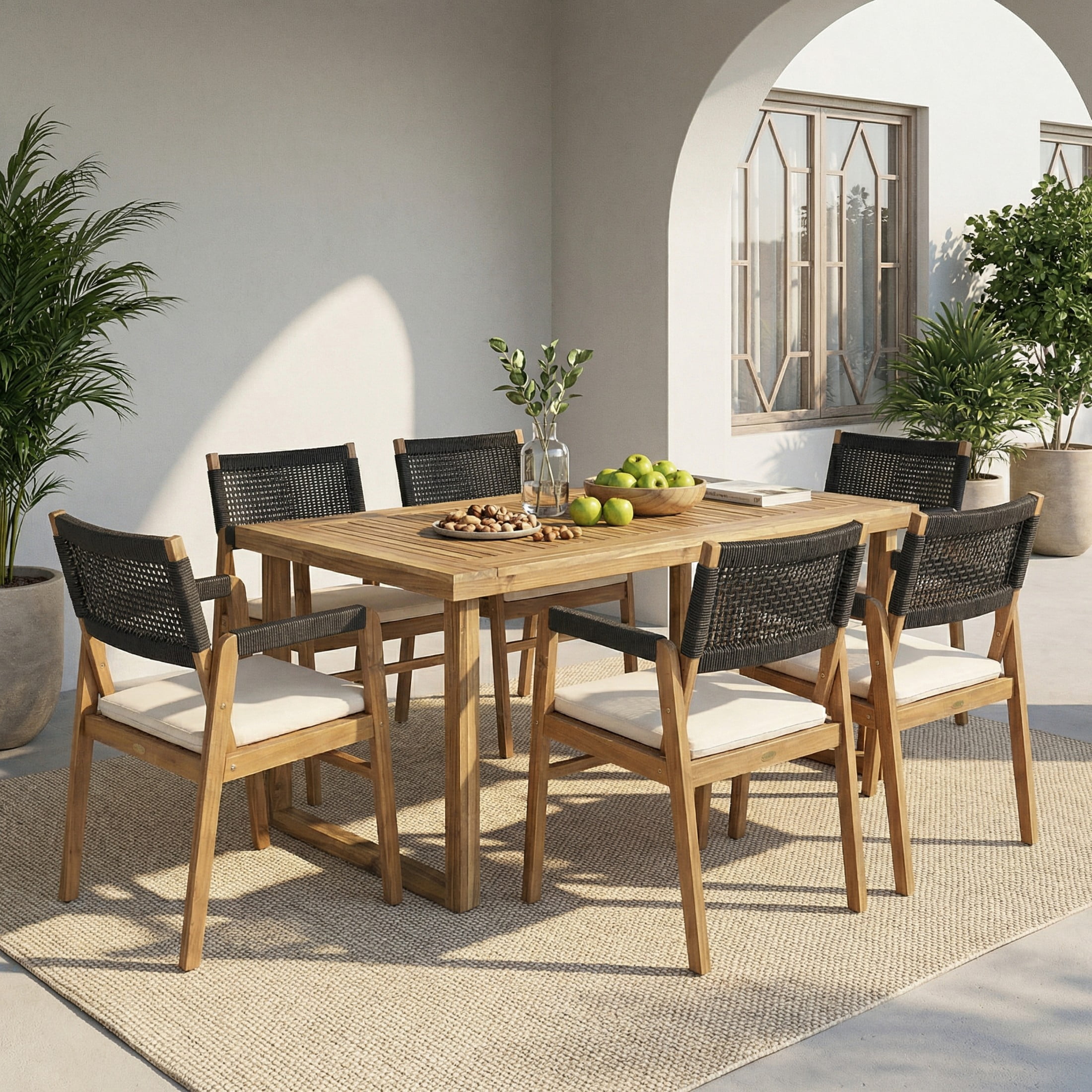Christopher Knight Home 7-Piece Outdoor Solid Wood Dining Set with 69" Table and Black Rope Armchairs