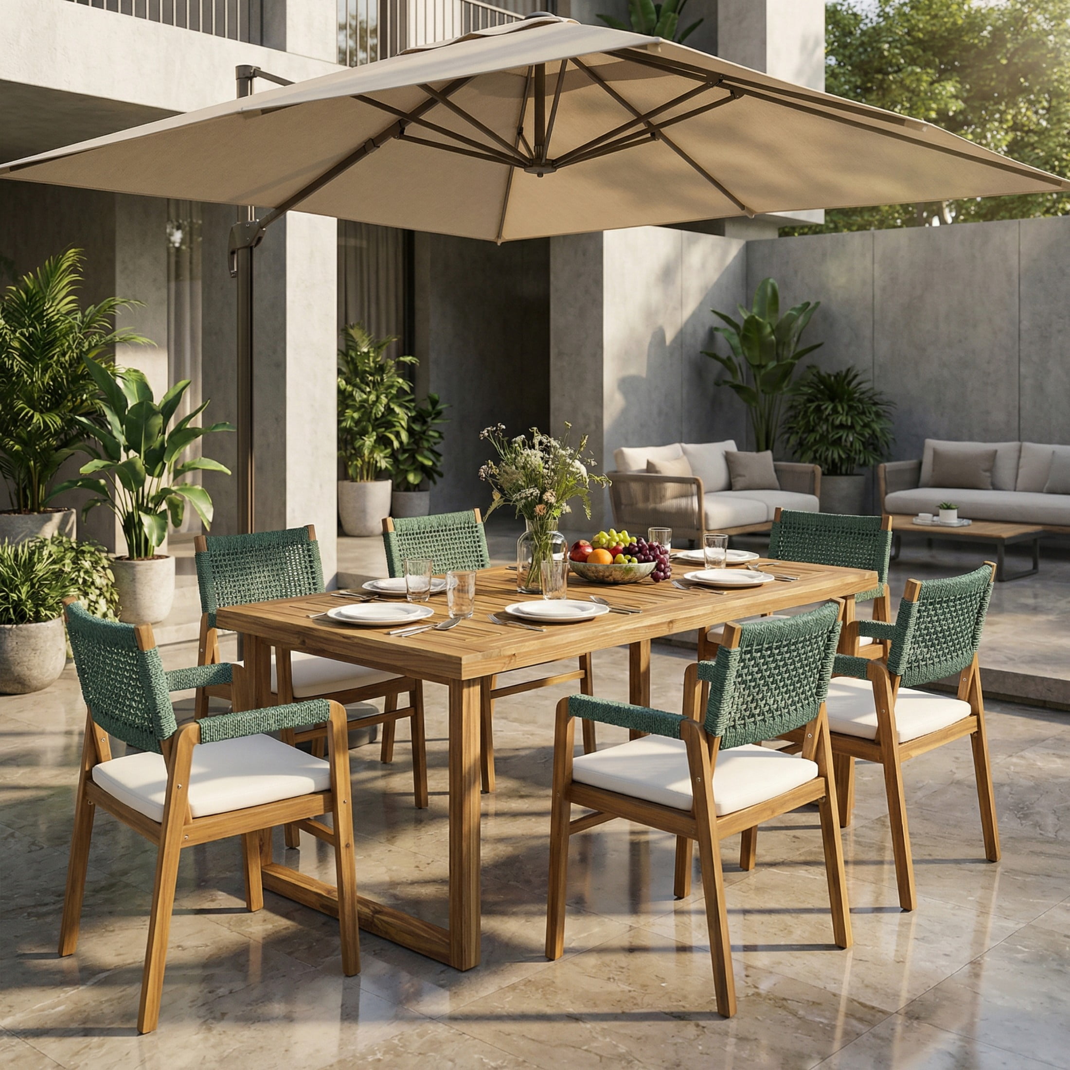 Christopher Knight Home 7-Piece Outdoor Solid Wood Dining Set with 69" Table and Green Rope Armchairs