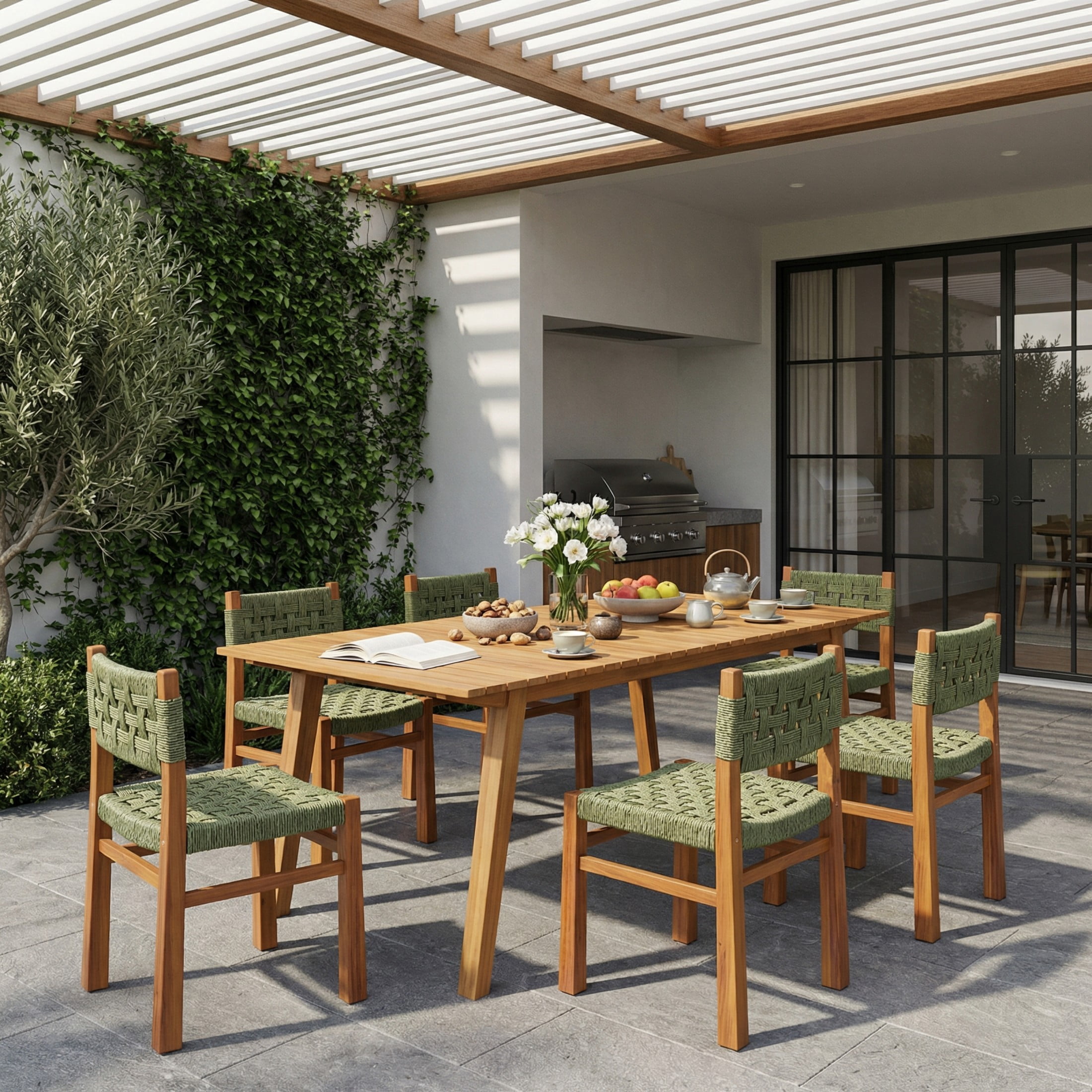 Christopher Knight Home 7-Piece Outdoor Wood Dining Set, 68.5" Teak Table and Green Wicker Chairs