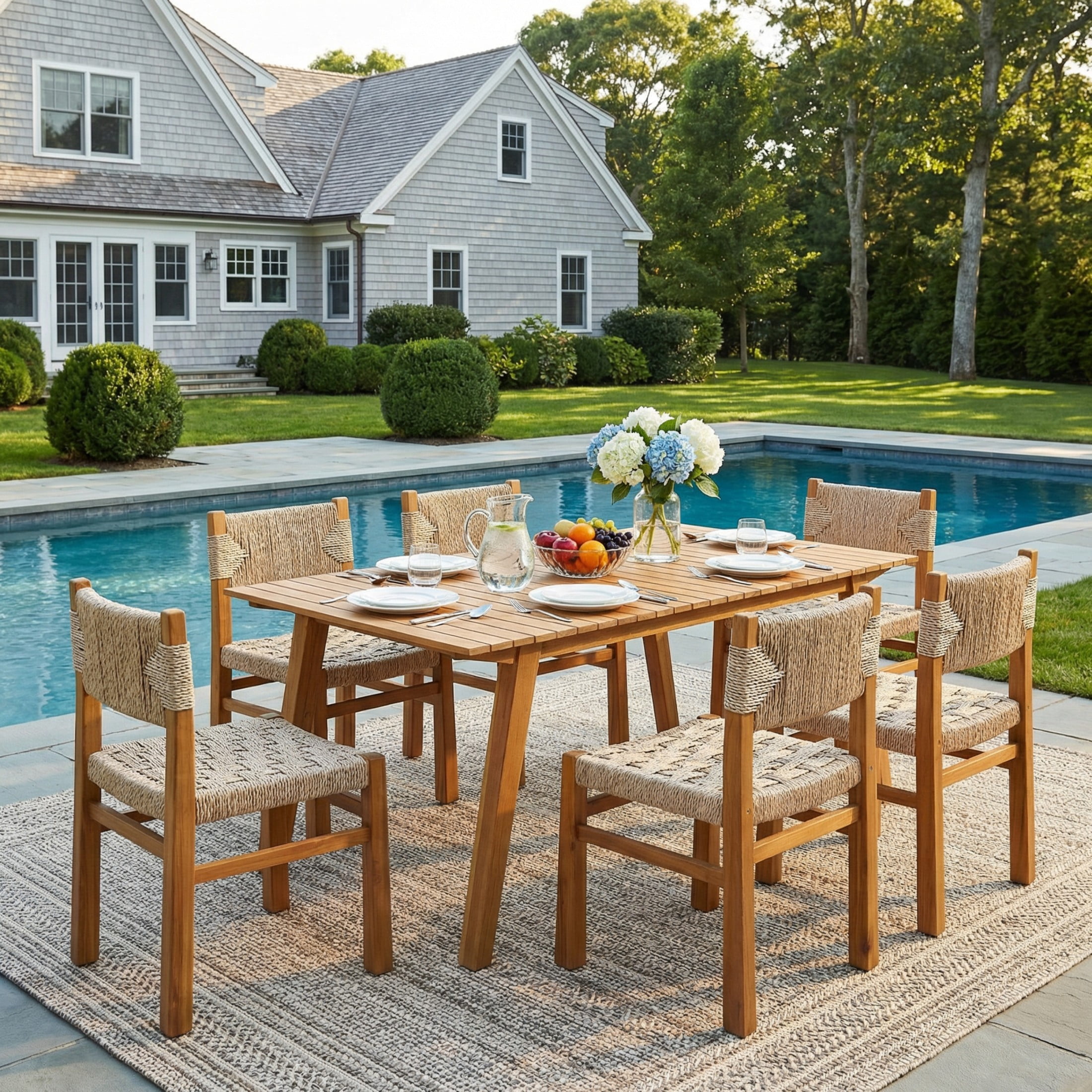 Christopher Knight Home 7-Piece Outdoor Wood Dining Set, 68.5" Teak Table and Light Brown Wicker Chairs