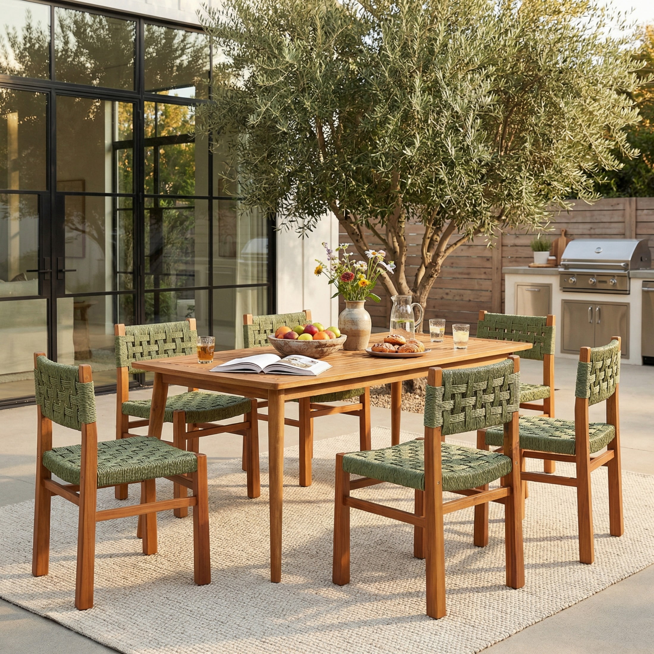 Christopher Knight Home 7-Piece Outdoor Wood Dining Set, 71" Teak Table and Green Wicker Chairs