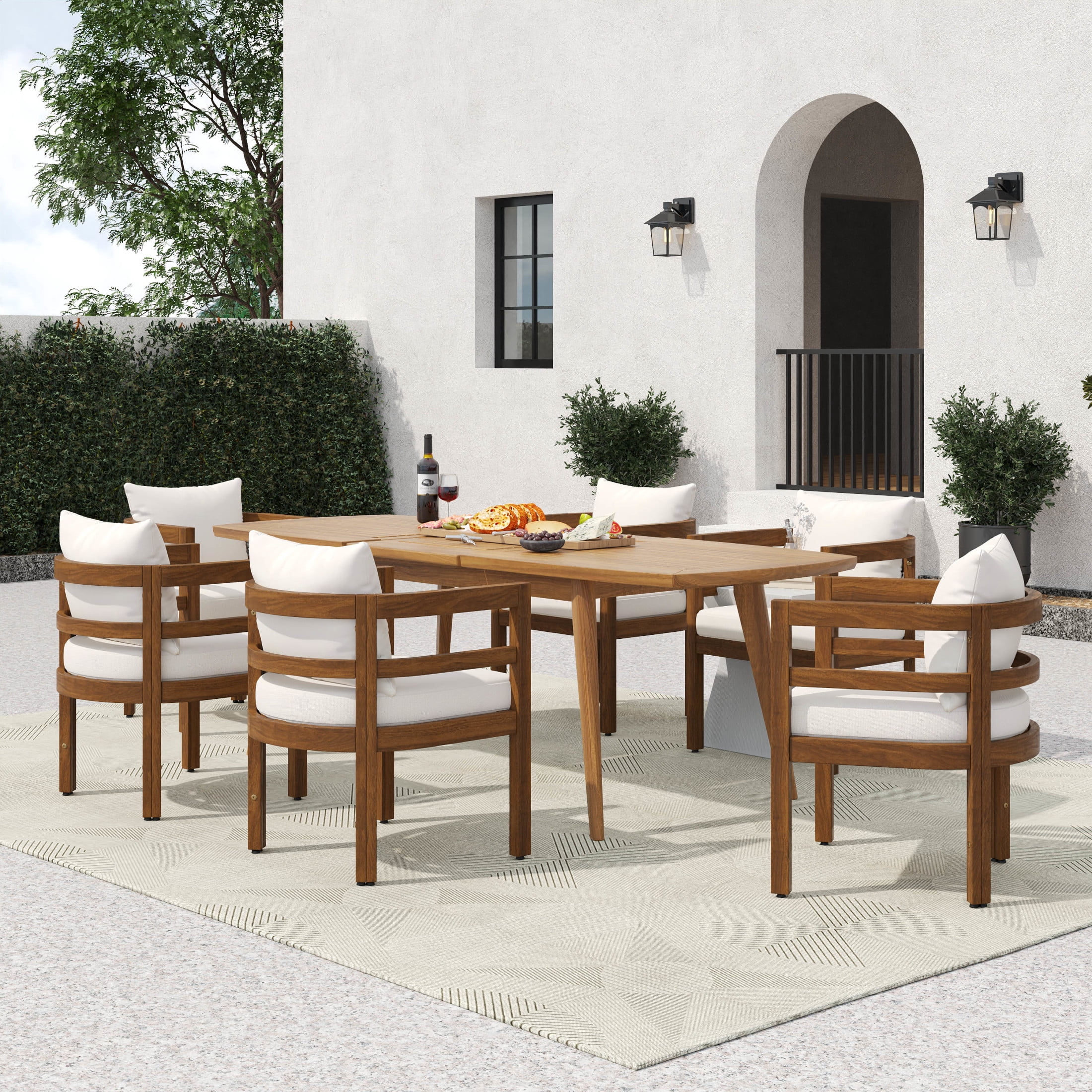 Christopher Knight Home 7-Piece Outdoor Wood Dining Set, Expandable Table with Beige Cushioned Chairs, Brown