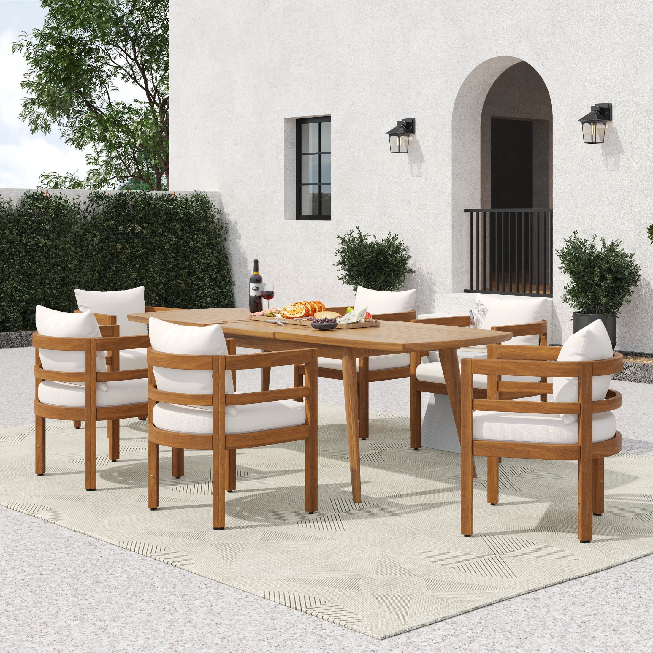 Christopher Knight Home 7-Piece Outdoor Wood Dining Set, Expandable Table with Beige Cushioned Chairs, Teak