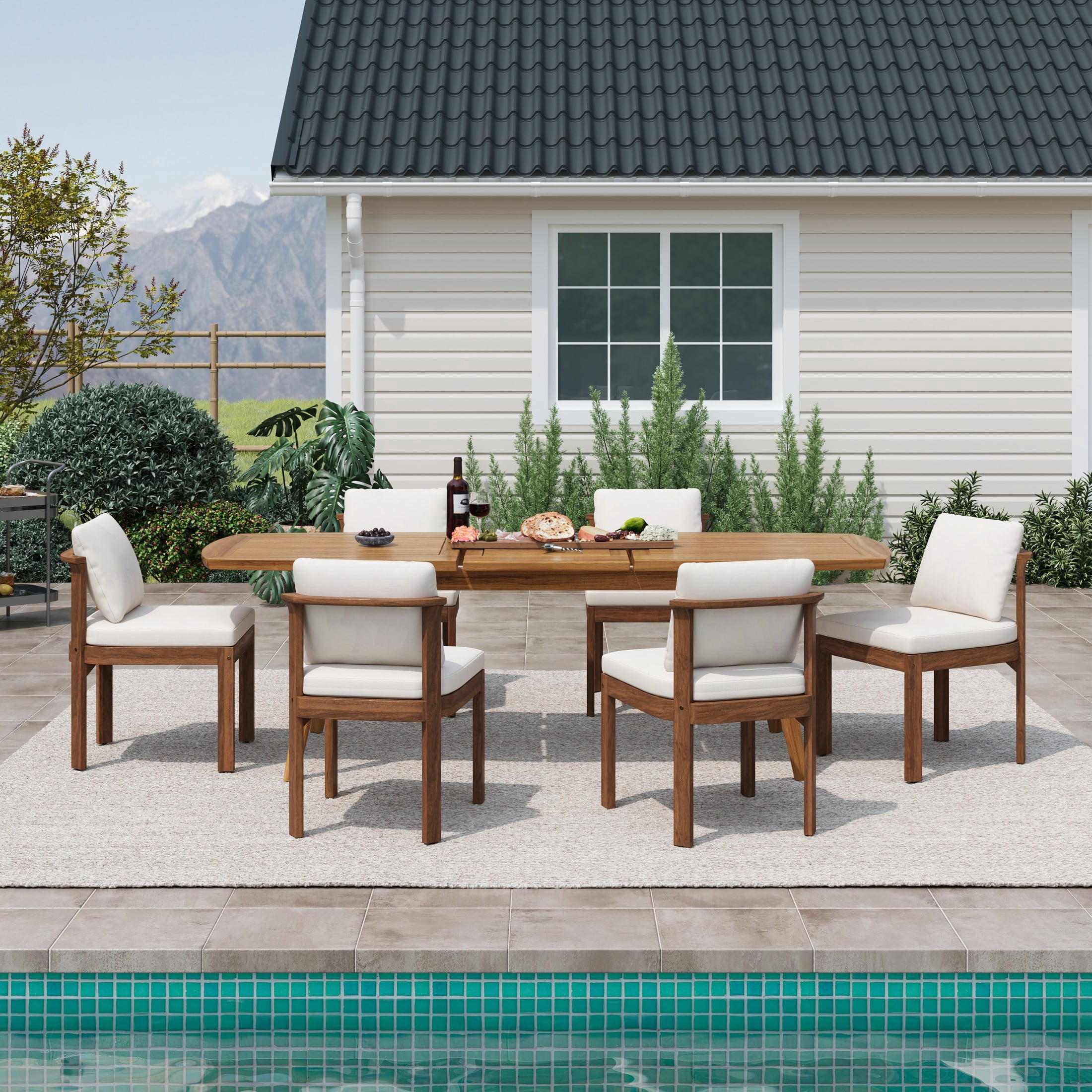 Christopher Knight Home 7-Piece Outdoor Wood Dining Set, Expandable Table with Cream Cushioned Chairs, Brown