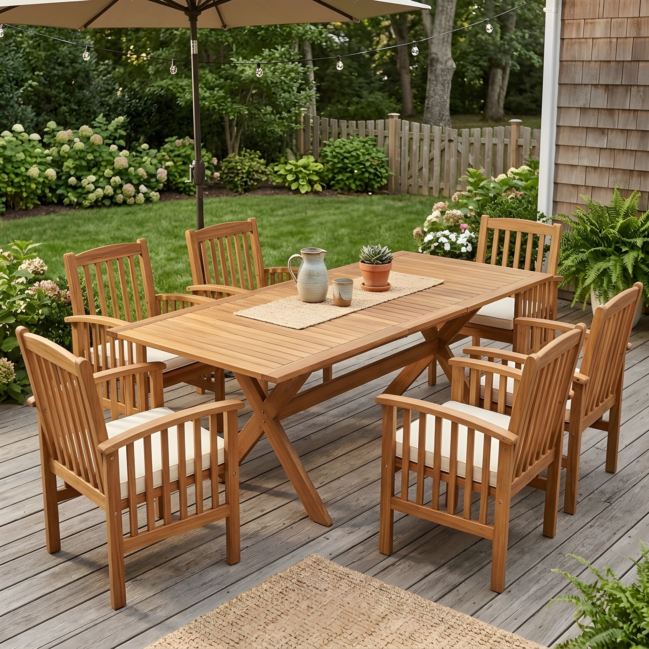 Christopher Knight Home 7-Piece Outdoor Wood Dining Set, Extendable Table with Chairs and Cushions, Teak+Cream