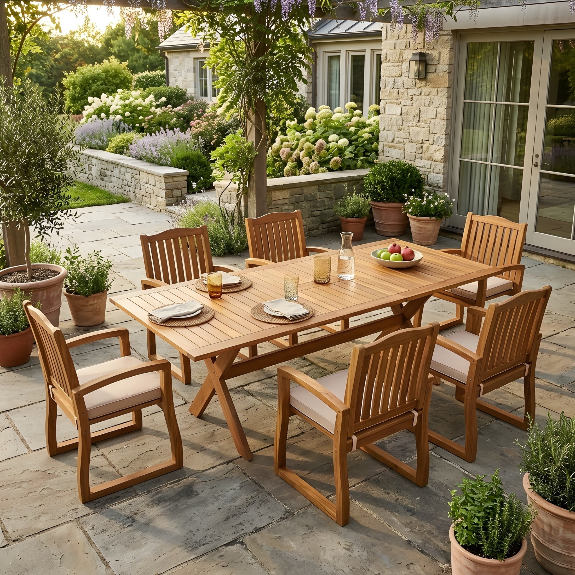 Christopher Knight Home 7-Piece Outdoor Wood Dining Set, Extendable Table with Cushioned Chairs, Teak+Cream
