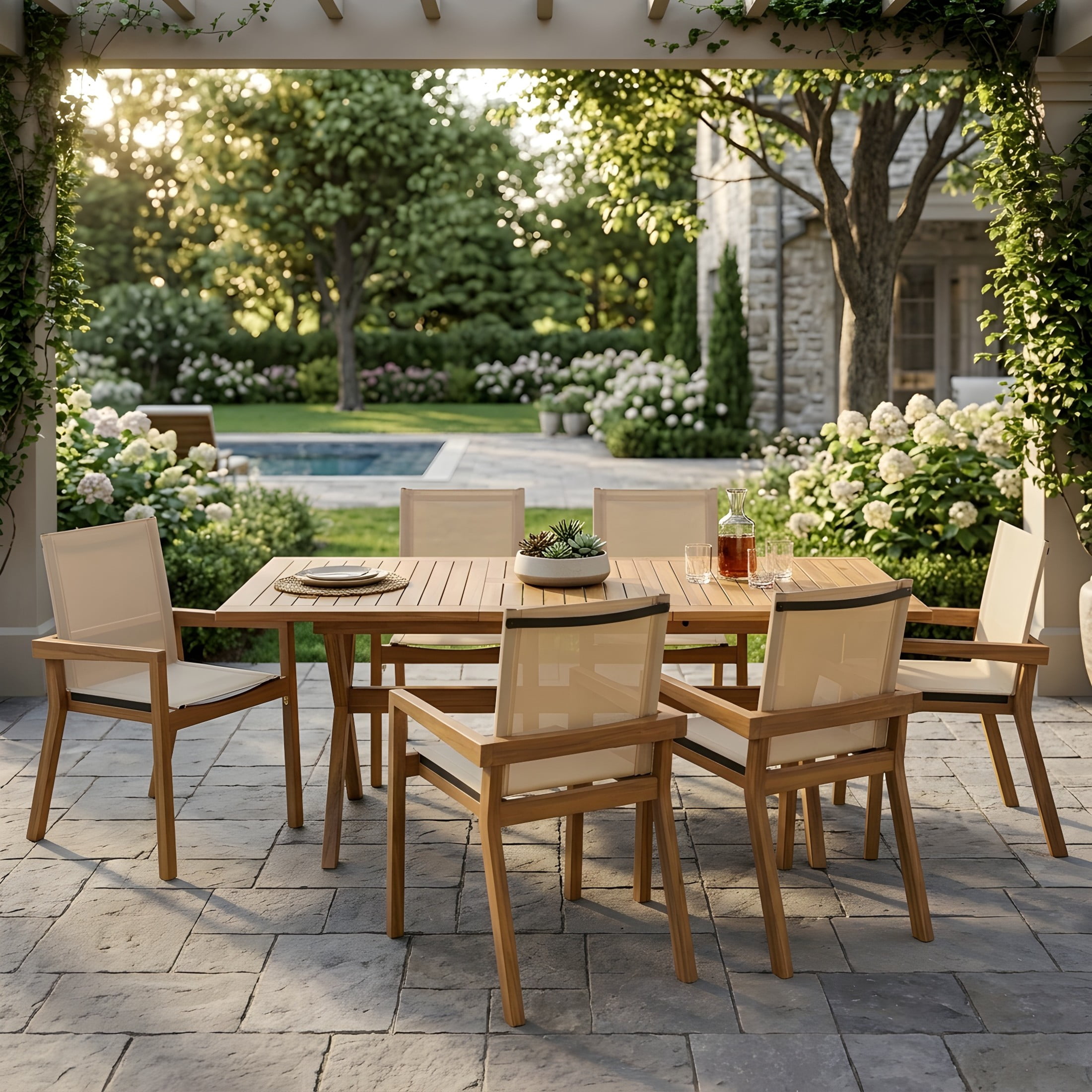 Christopher Knight Home 7-Piece Outdoor Wood Dining Set, Extendable Table with Mesh Chairs, Teak+Beige