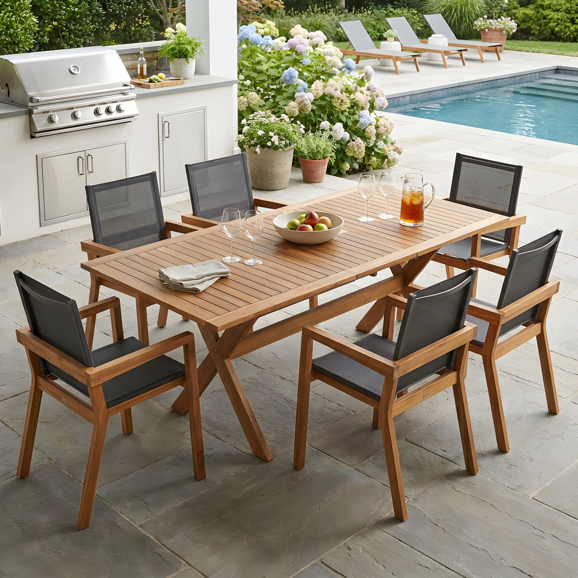 Christopher Knight Home 7-Piece Outdoor Wood Dining Set, Extendable Table with Mesh Chairs, Teak+Black