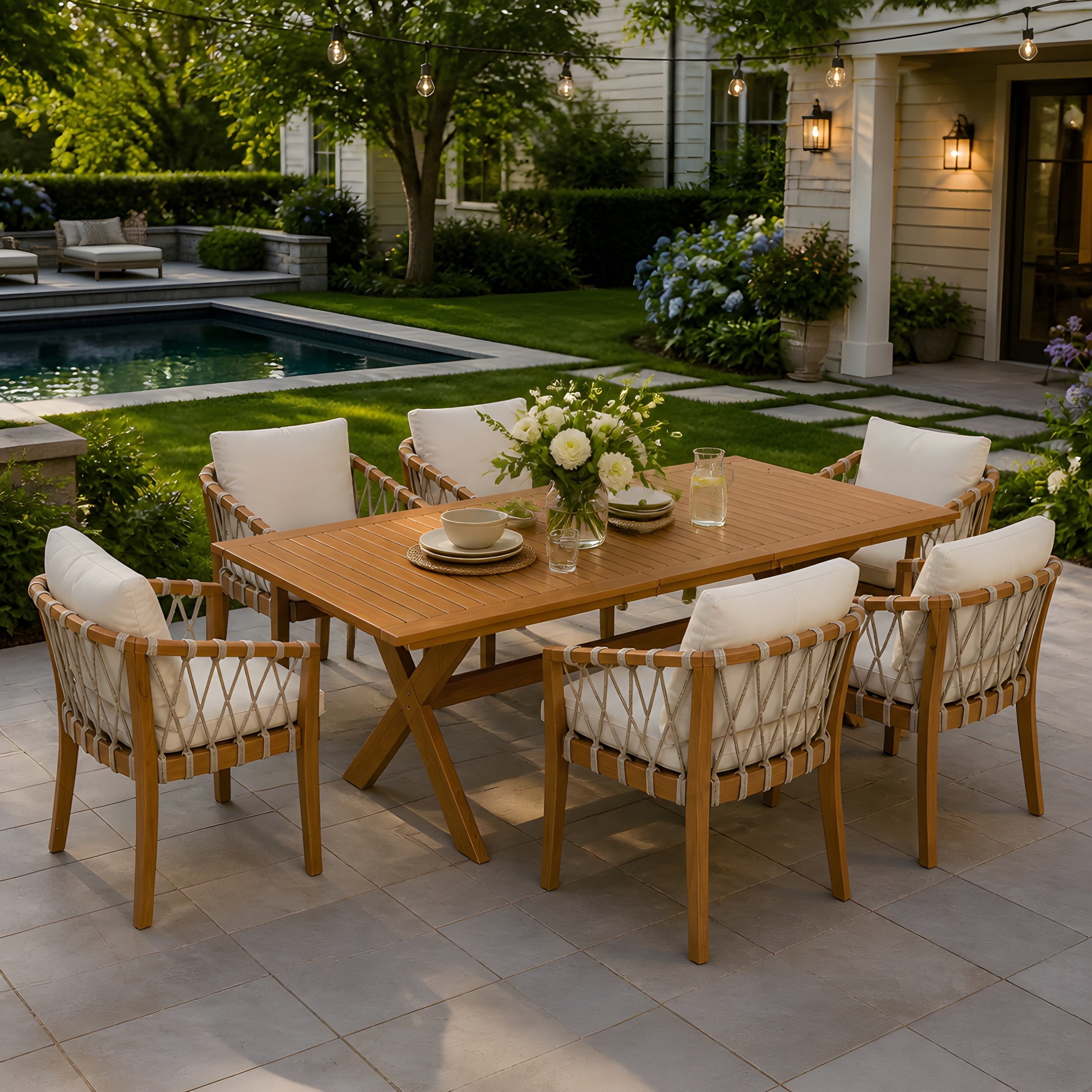 Christopher Knight Home 7-Piece Outdoor Wood Dining Set, Extendable Table with Rope Chairs, Teak+Beige